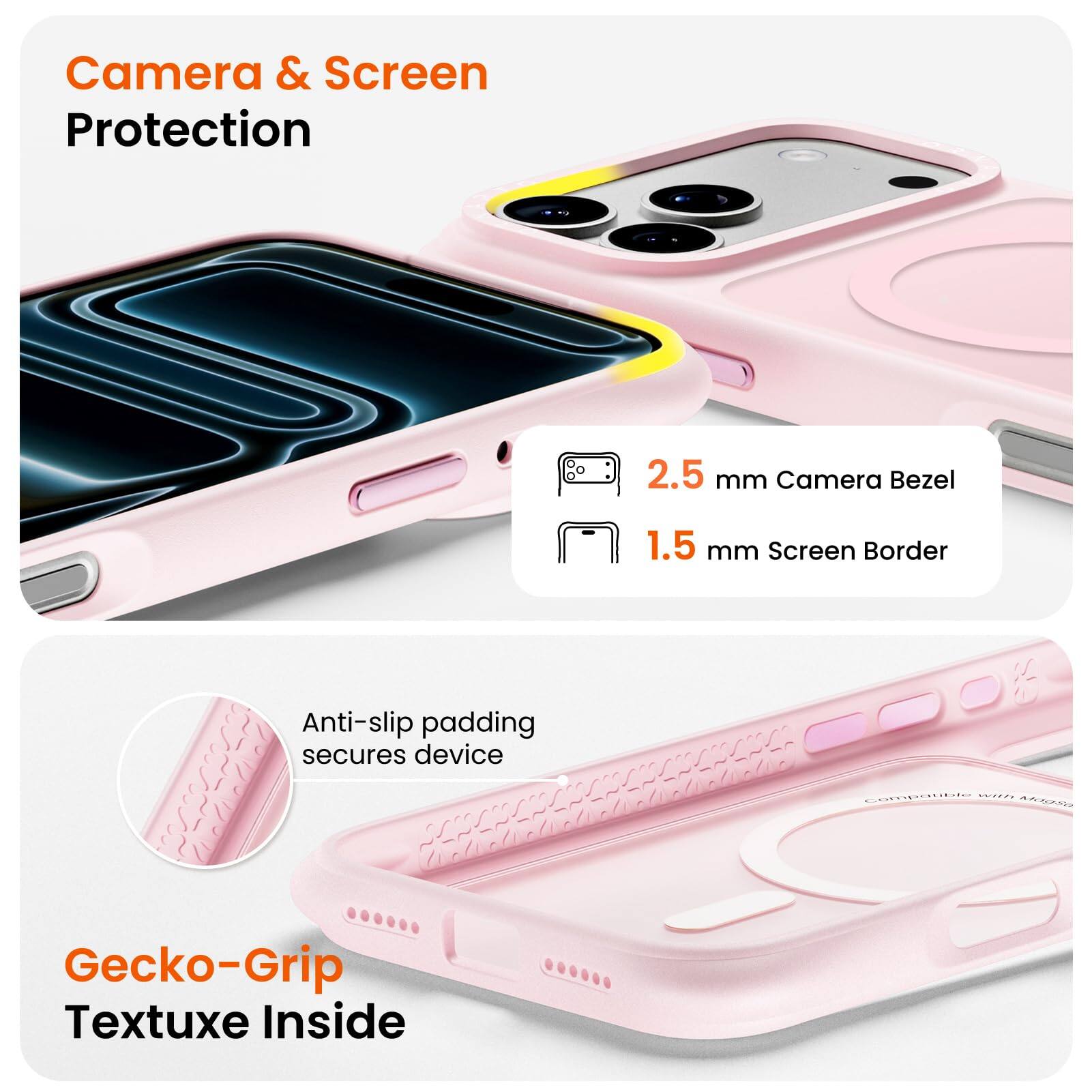 Camera & Screen Protection  
2.5 mm Camera Bezel  
1.5 mm Screen Border  
Anti-slip padding secures device  
Gecko-Grip Textuxe Inside