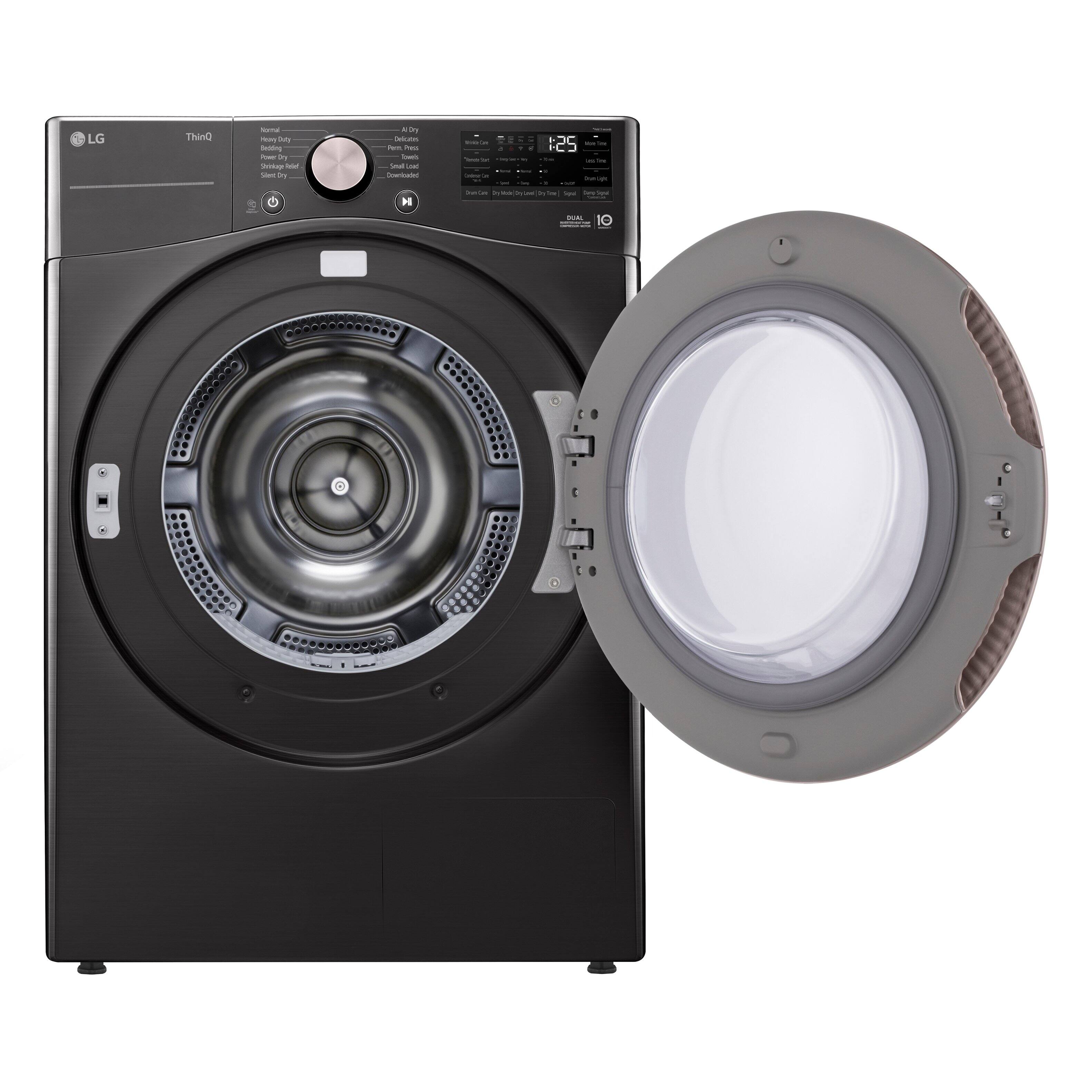 LG ThinQ washer and dryer set. The washer has a 125°C sanitize cycle.
