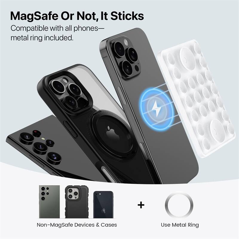 MagSafe Or Not, It Sticks Compatible with all phones— metal ring included. + Non-MagSafe Devices & Cases Use Metal Ring