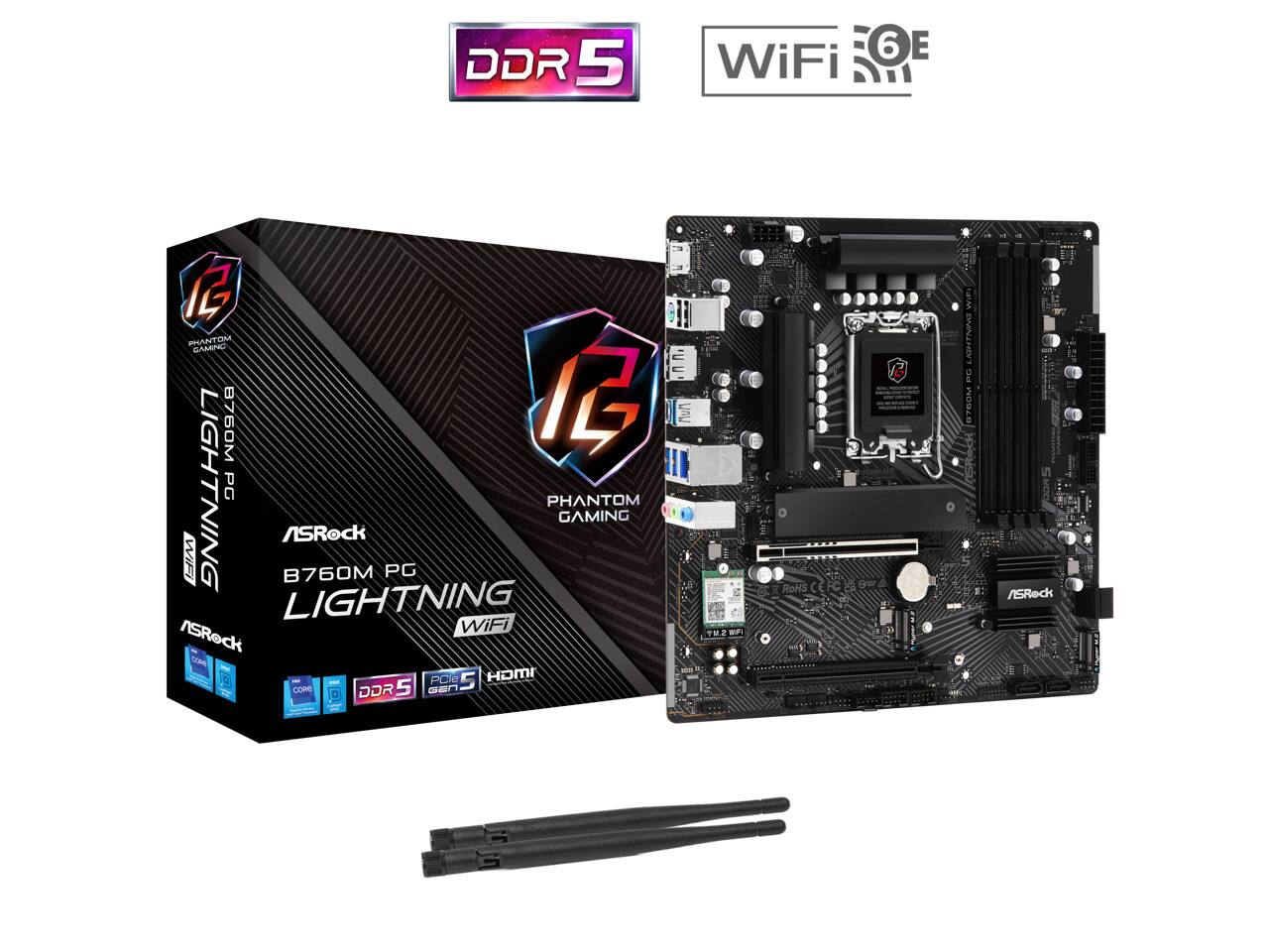 DDR 5 6E 6E WiFi 1 PHANTOM SAAE 8760M I2 I LIGHTNING PG PHANTOM GAMING ASRock WIFI B760M PG LIGHTNING WiFi ASRock PCIe 5 HDMI DDR 5 Ban 27E THE W x RoHS CE PC
