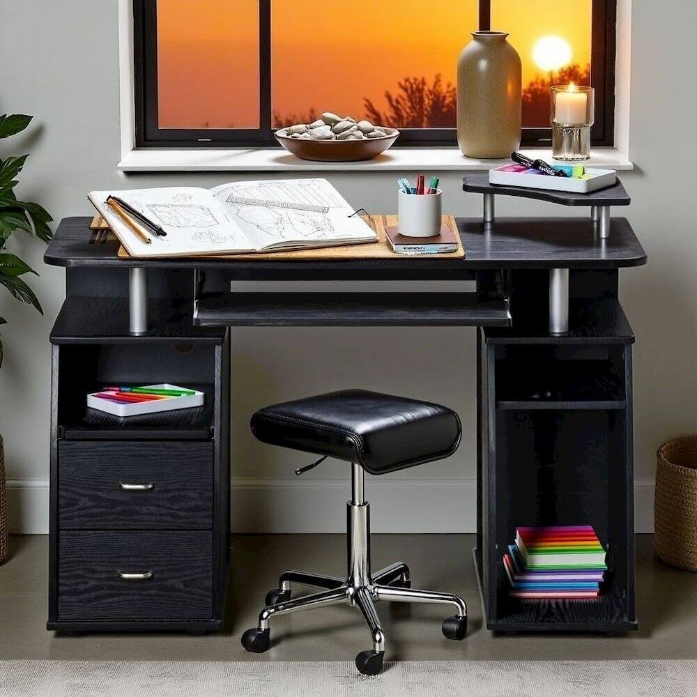 Alt View 3. FurniFact - Brown Office Desk with Storage, Writing Wood Desk with 2 Drawers - Brown.