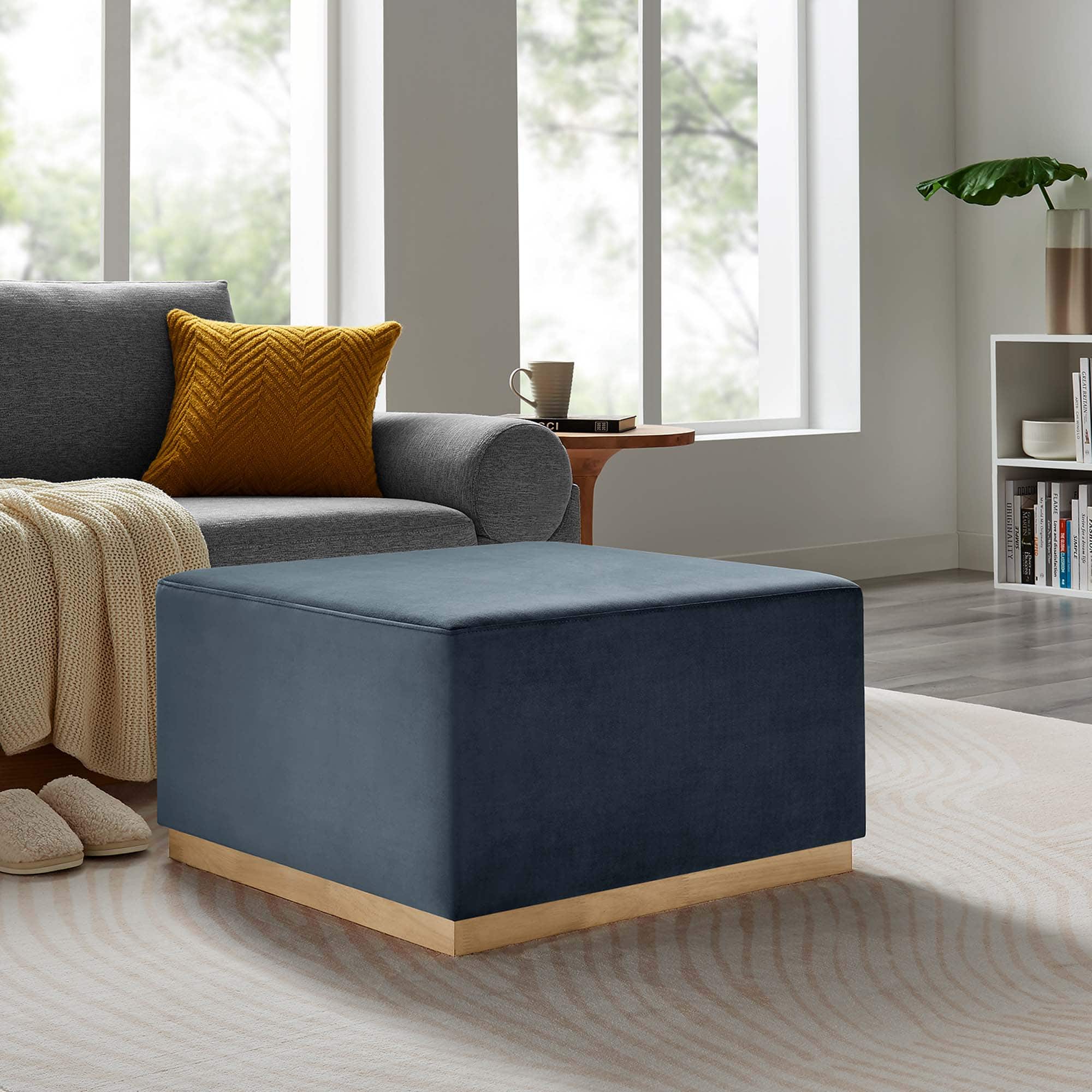Tilden Large 28" Square Performance Velvet Upholstered Ottoman by Modway - Cadet Blue Natural