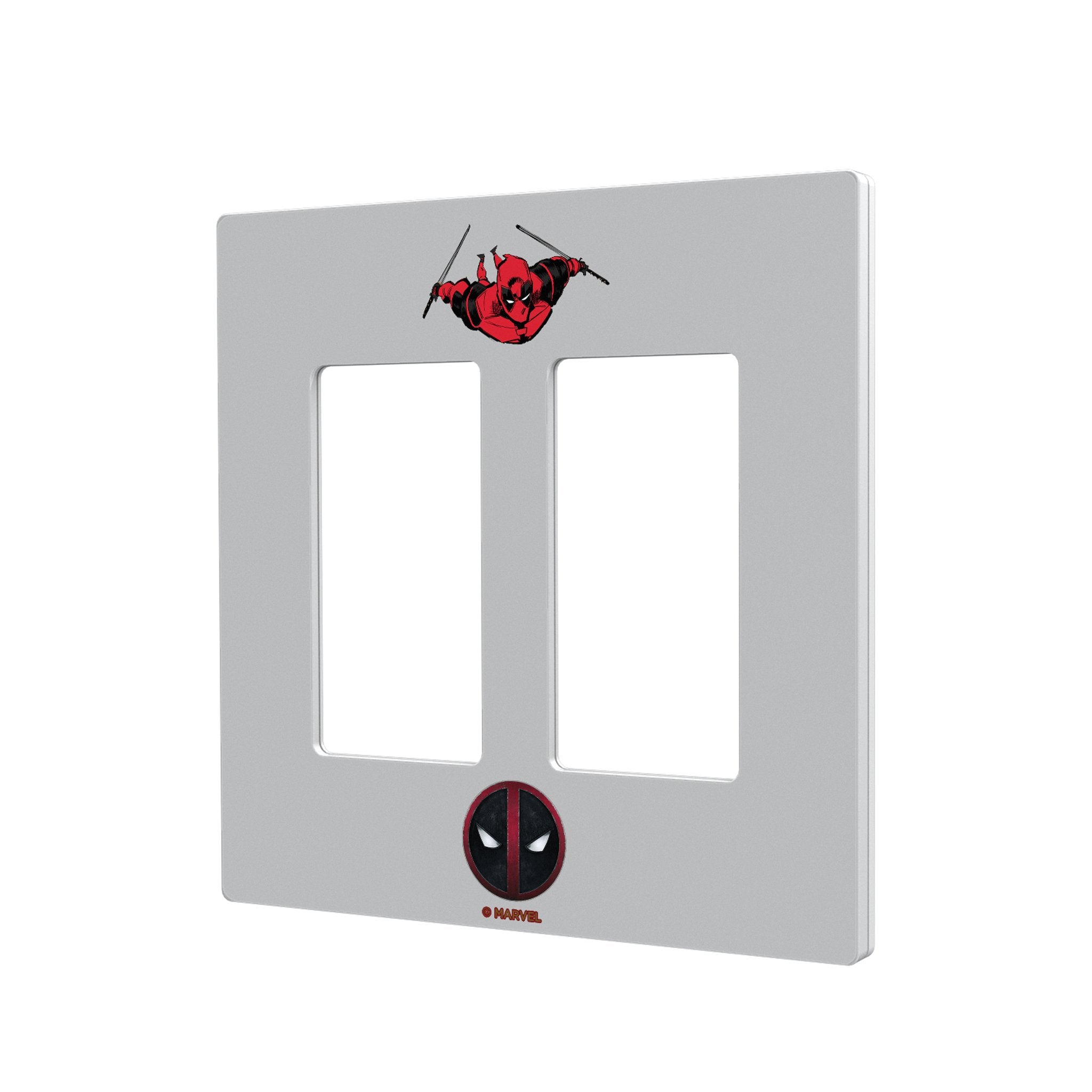 Front. Keyscaper - Marvel Badge Hidden-Screw Light Switch Plate - Double Rocker - Deadpool.