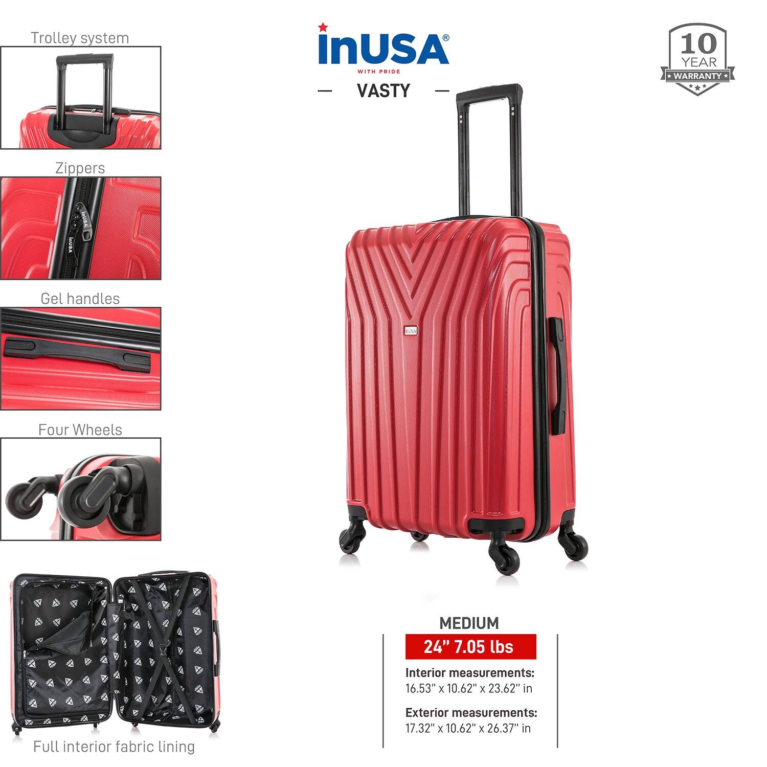- Trolley system
- Zippers
- Gel handles
- Four Wheels
- Full interior fabric lining

**MEDIUM**
- 24" 7.05 lbs
- Interior measurements: 16.53" x 10.62" x 23.62" in
- Exterior measurements: 17.32" x 10.62" x 26.37" in

**10 YEAR WARRANTY**