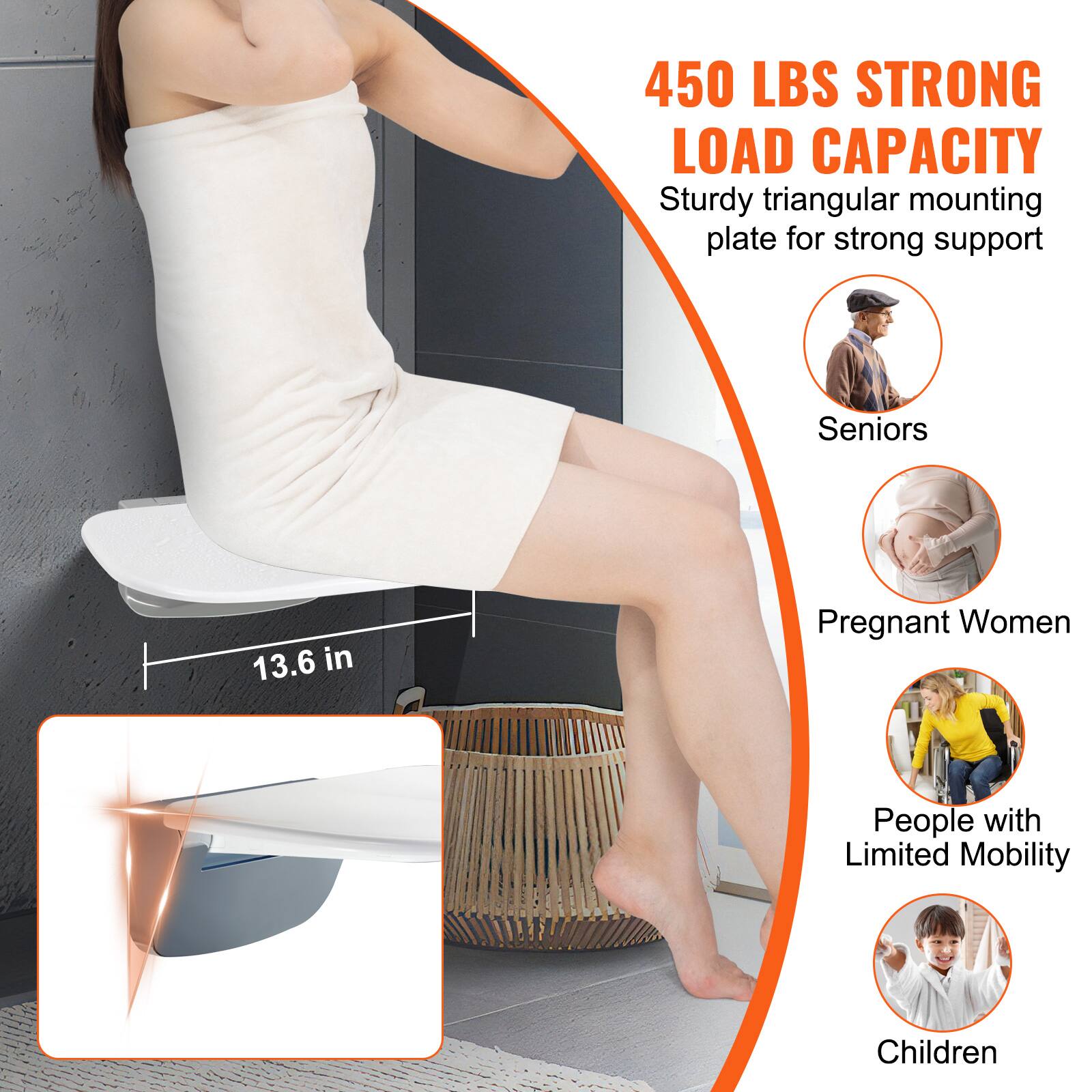 450 LBS STRONG LOAD CAPACITY  
Sturdy triangular mounting plate for strong support  

Seniors  
Pregnant Women  
People with Limited Mobility  
Children  

13.6 in