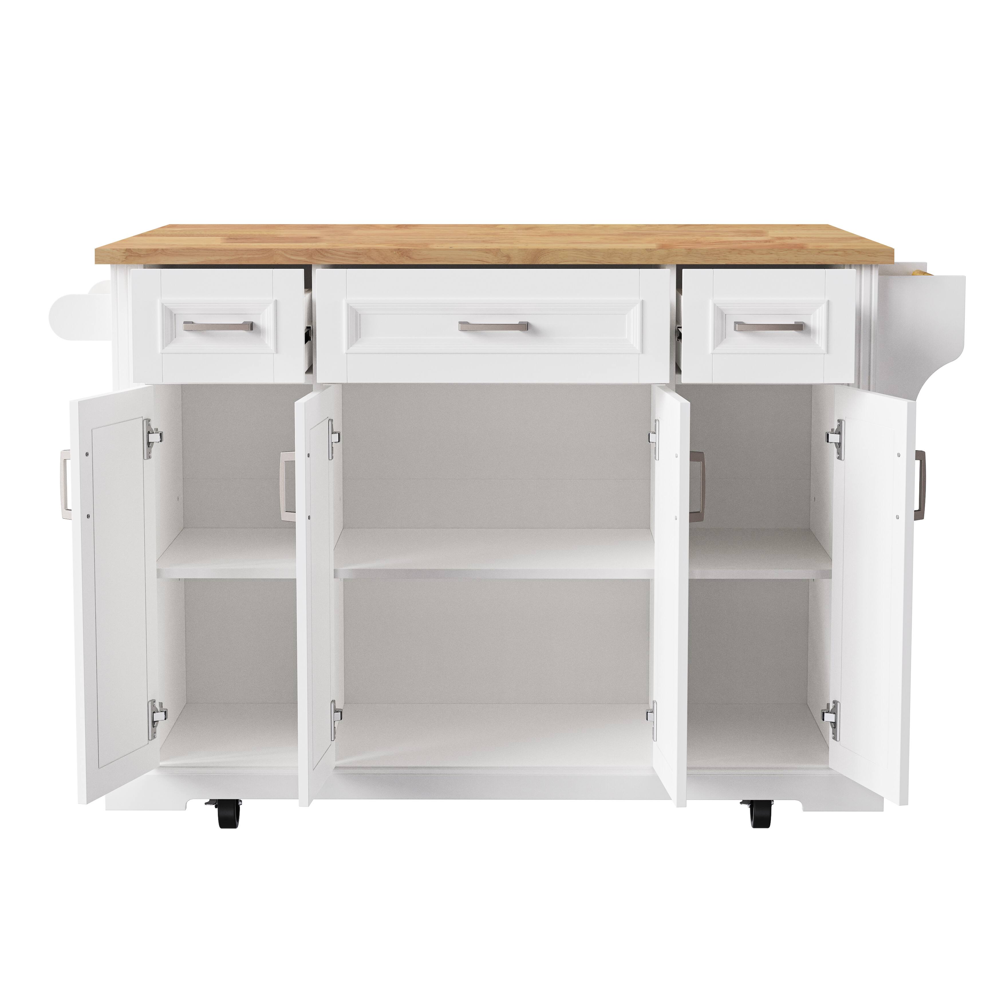 Alt View 8. Forest'nSky - 54" Large Rolling Kitchen Island with Rubber Wood Drop Leaf, Embossed Texture, 4 Doors, and 3 Drawers, White - White.