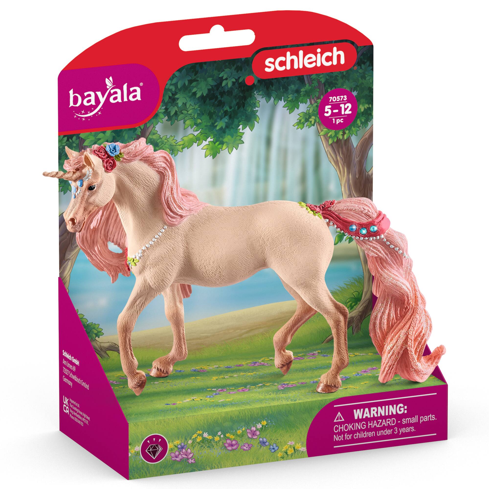 The text on the image is already grouped and correctly written. It reads: "bayala schleich 70573 5-12 12 1 pc Shic-Geten bel Bazi Gete T Gomay tttebslatal twi Join LK BE CA ao Smi - D as WARNING: small parts. HAZARD-S - CHOKING under 3 years. Not for children."