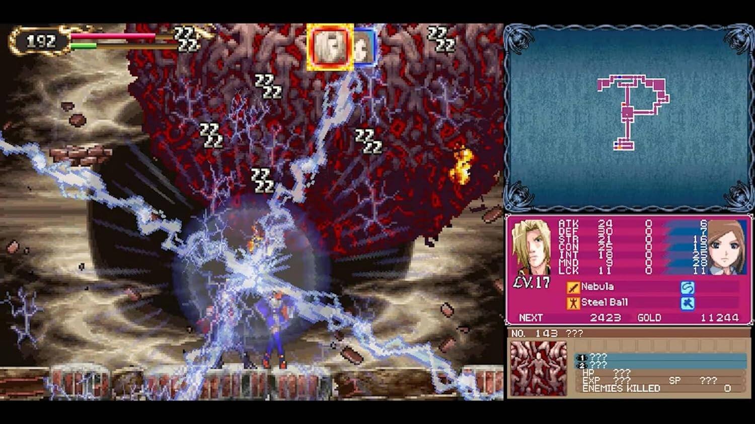 192 22 27 22 27 22 Z2, 2Z 22 72 22 ATK DEF CON STR INT 1 15891 OOOOOOO MND LCK 1 1 LV.17 Nebula  Steel Ball NEXT 2423 GOLD NO. 1 143 ??? 11221 i 1 1 244 1 ??? 2 ??? HP ??? EXP  SP ENEMIES KILLED ???