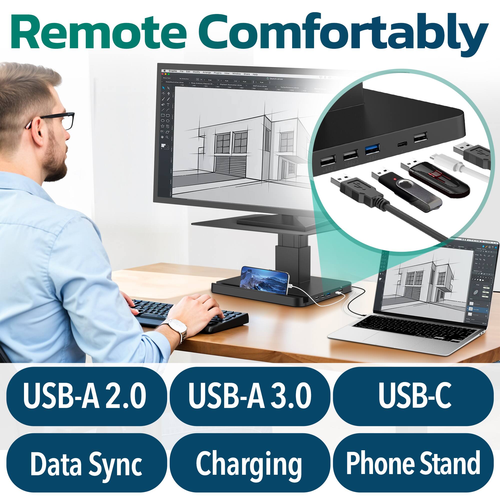 Remote Comfortably

USB-A 2.0  
Data Sync

USB-A 3.0  
Charging

USB-C  
Phone Stand