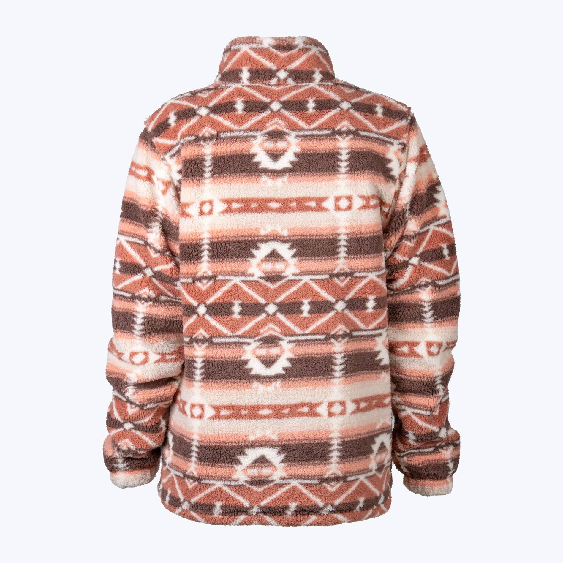 Back. Mobile Warming - App Controlled Women's Upland Sherpa Printed Heated Long Jacket - Clay Aztec.