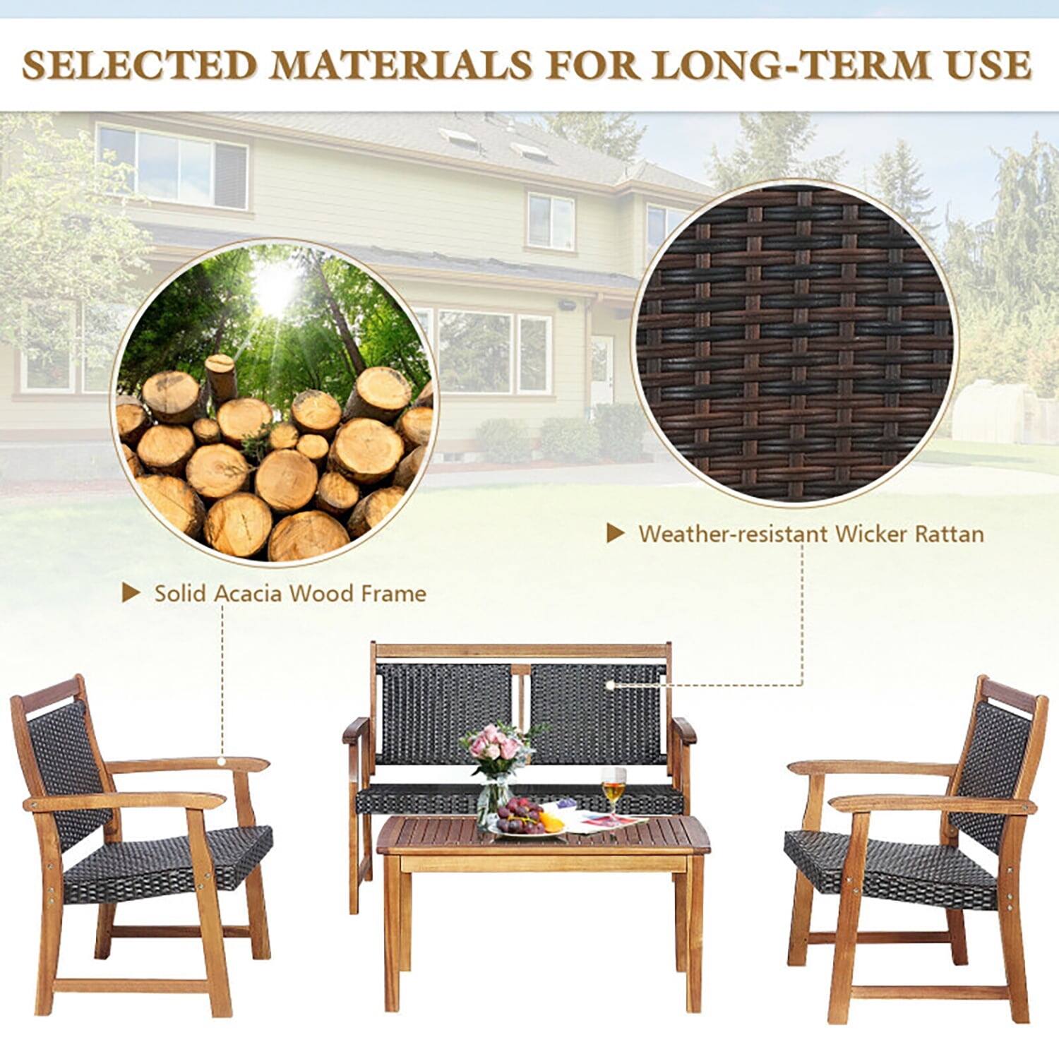 SELECTED MATERIALS FOR LONG-TERM USE

- Solid Acacia Wood Frame
- Weather-resistant Wicker Rattan