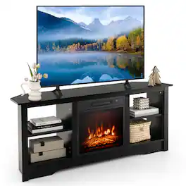 Gymax - 58'' Fireplace TV Stand w/ 18'' 1400W Electric Fireplace Adjustable Brightness - Black