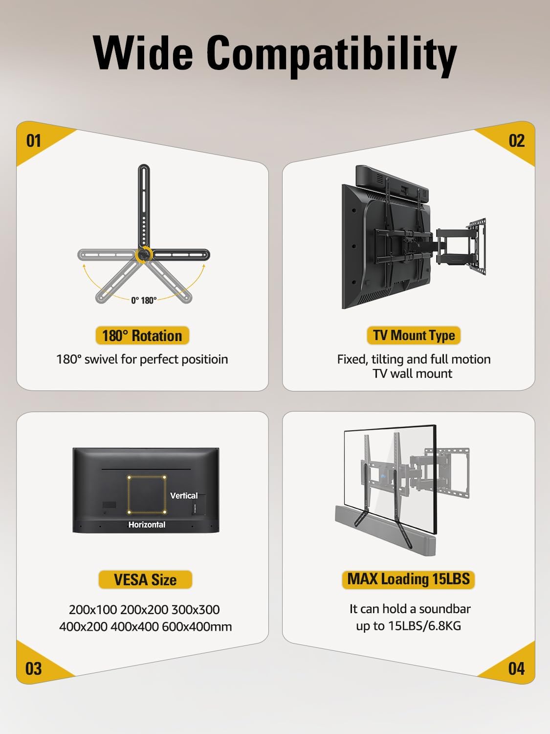 Wide Compatibility

01 180° Rotation  
180° swivel for perfect position

02 TV Mount Type  
Fixed, tilting and full motion TV wall mount

03 VESA Size  
200x100 200x200 300x300 400x200 400x400 600x400mm

04 MAX Loading 15LBS  
It can hold a soundbar up to 15LBS/6.8KG