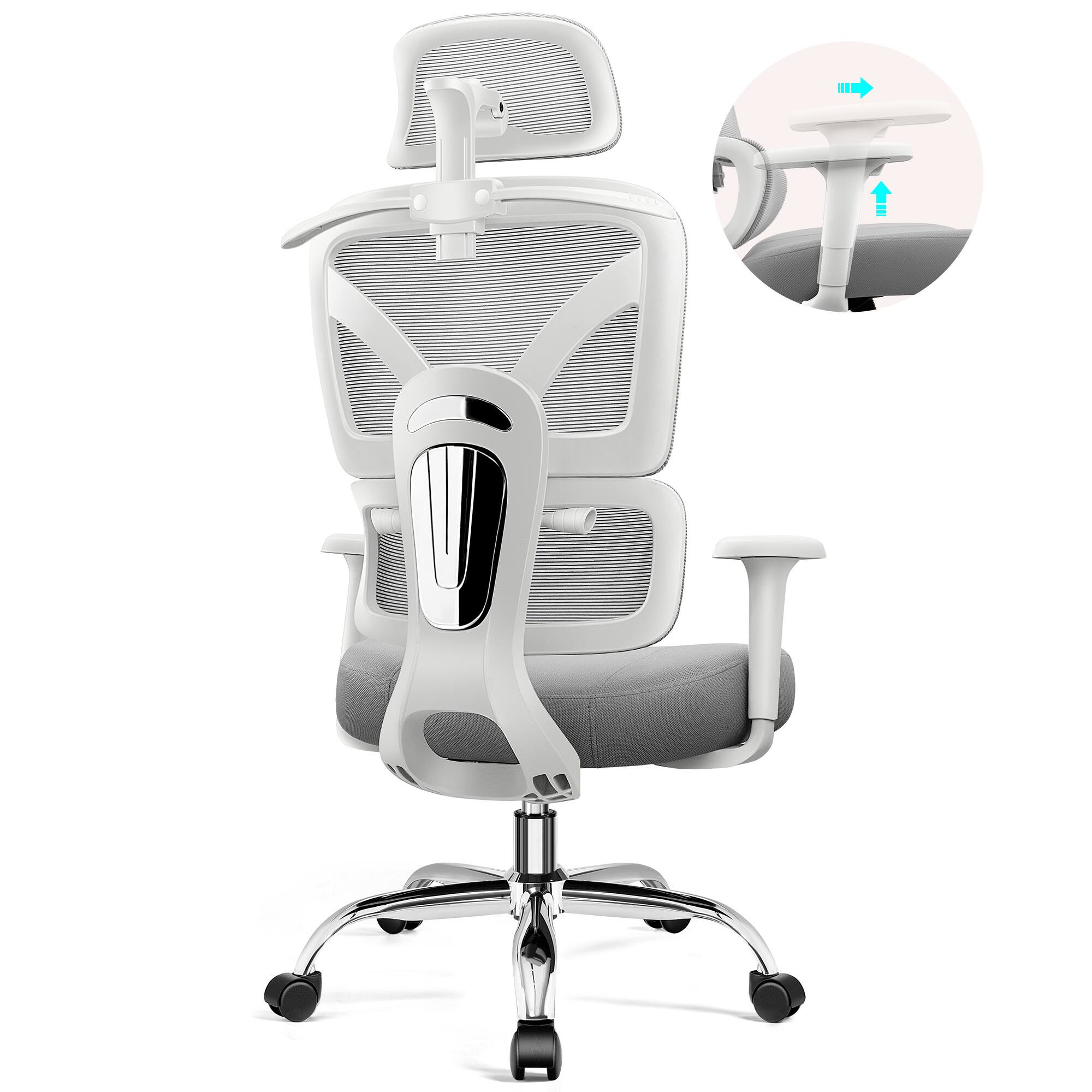 Back. Brick Attic - Ergonomic Office Chairs with Lumbar Support, Breathable Mesh Desk Chair with Thickened Cushion Comfy for Home Office - Grey.