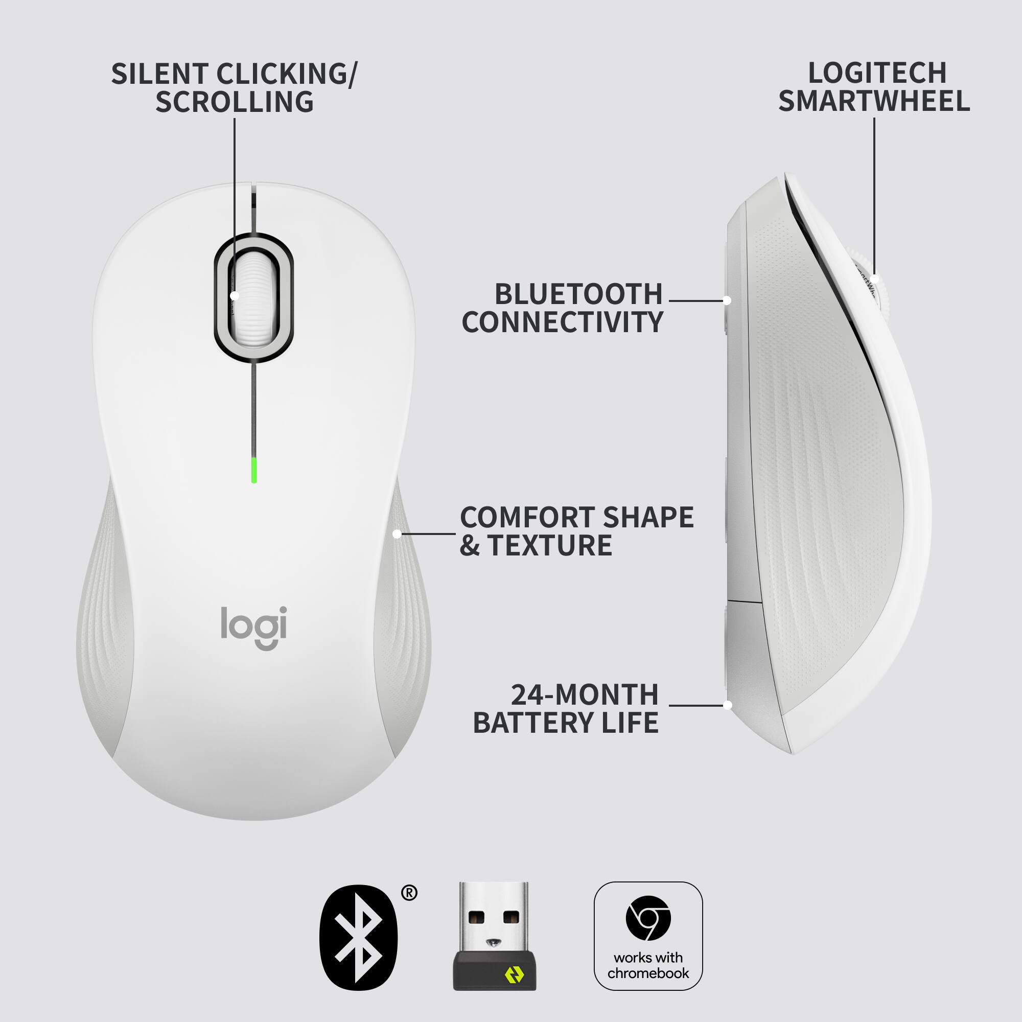 The text on the image is grouped and corrected as follows:

1. Silent clicking/scrolling: This feature allows users to navigate without making any noise, which can be useful in quiet environments or when working in shared spaces.
2. Logitech SmartWheel: This is a wireless mouse that connects to a computer via Bluetooth, providing a convenient and portable option for users.
3. Bluetooth connectivity: The mouse uses Bluetooth technology to connect to a computer, eliminating the need for a physical connection through a cable.
4. Comfort shape & texture: The mouse is designed with a comfortable shape and texture, making it more ergonomic and pleasant to use for extended periods.
5. 24-month battery life: The mouse is equipped with a long-lasting battery that can last up to 24 months on a single charge, reducing the need for frequent replacements or recharges.
6. Works with Chromebook: The Logitech SmartWheel is compatible with Chromebooks, providing a convenient and functional option for users of this type of computer.