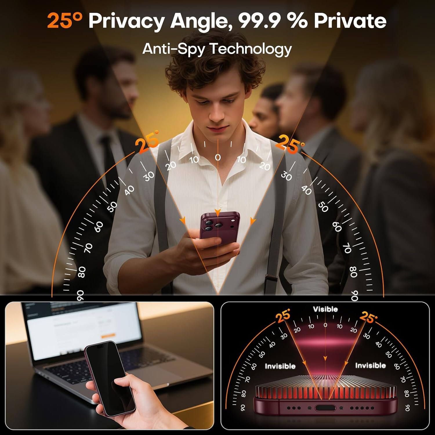 25° Privacy Angle, 99.9% Private Anti-Spy Technology

25°

Visible

Invisible