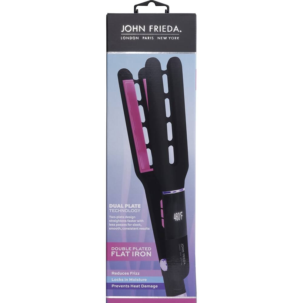 JOHN FRIEDA.  
LONDON PARIS NEW YORK  
DUAL PLATE TECHNOLOGY  
Two-plate design straightens faster with less passes for sleek, smooth, consistent results  
460F DOUBLE PLATED FLAT IRON  
Reduces Frizz  
Locks in Moisture  
Prevents Heat Damage