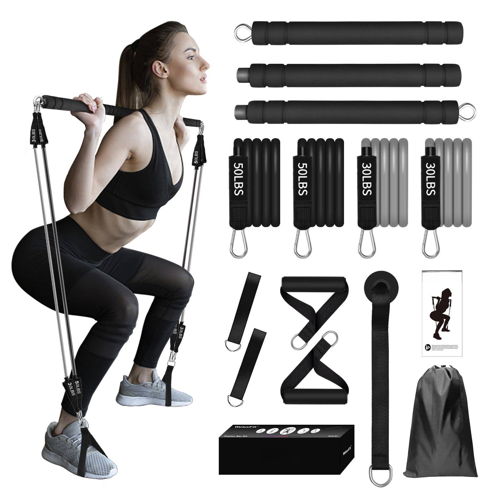 PARKER SLATER - Pilates Bar Kit Resistance Portable Exercise Home Workout Equipment Yoga Bands fitness men women With - Black