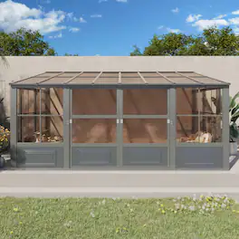U-HOMY - 10' x 16' Wall Mounted Sunroom with Sliding Door & Gutter, All-Season Aluminum Gazebo Solarium for Patio - Modern Grey