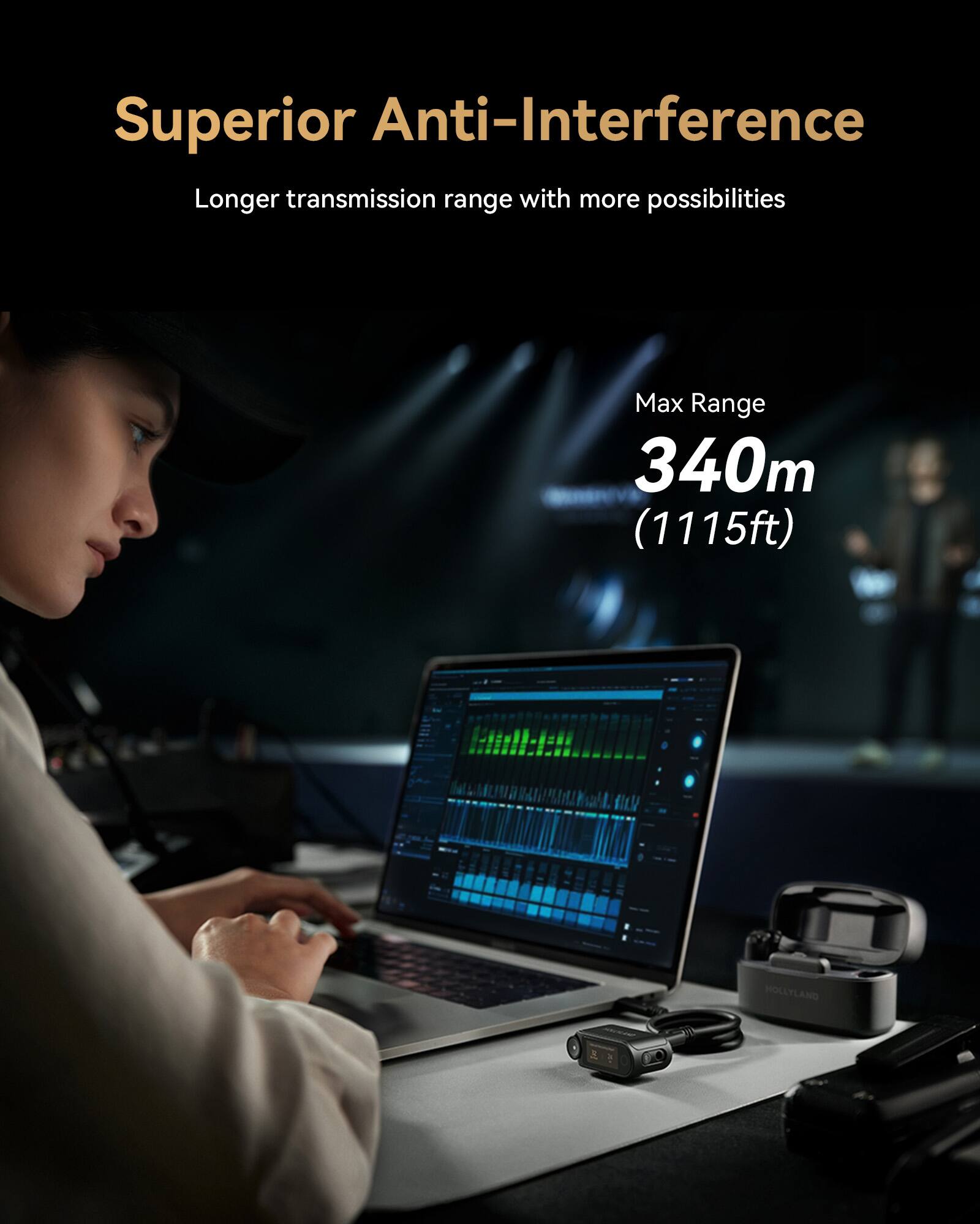 Superior Anti-Interference  
Longer transmission range with more possibilities  
Max Range 340m (1115ft)  
HOLLYLAND