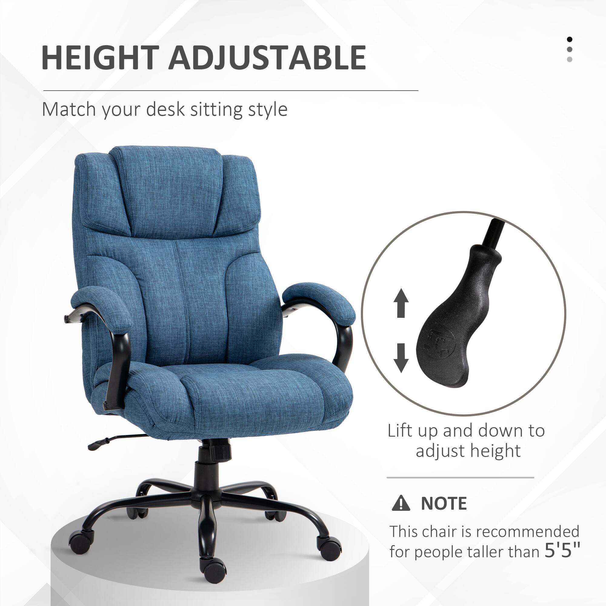 HEIGHT ADJUSTABLE

Match your desk sitting style

Lift up and down to adjust height

NOTE

This chair is recommended for people taller than 5'5"
