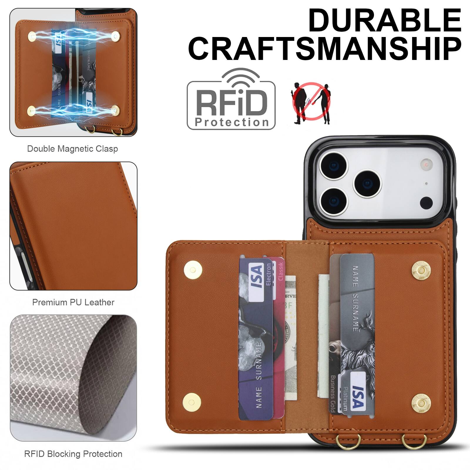 15 SUKNRUE SC DURABLE CRAFTSMANSHIP RFID Protection Double Magnetic Clasp Premium PU Leather ISA Electron SURNAME NAME Classic RIVE F NUA Business Gold NAME SURNAME Platinum ISA RFID Blocking Protection