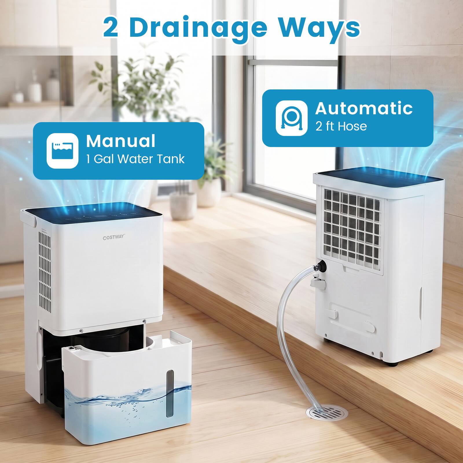 2 Drainage Ways  
Manual 1 Gal Water Tank  
Automatic 2 ft Hose  
COSTWAY