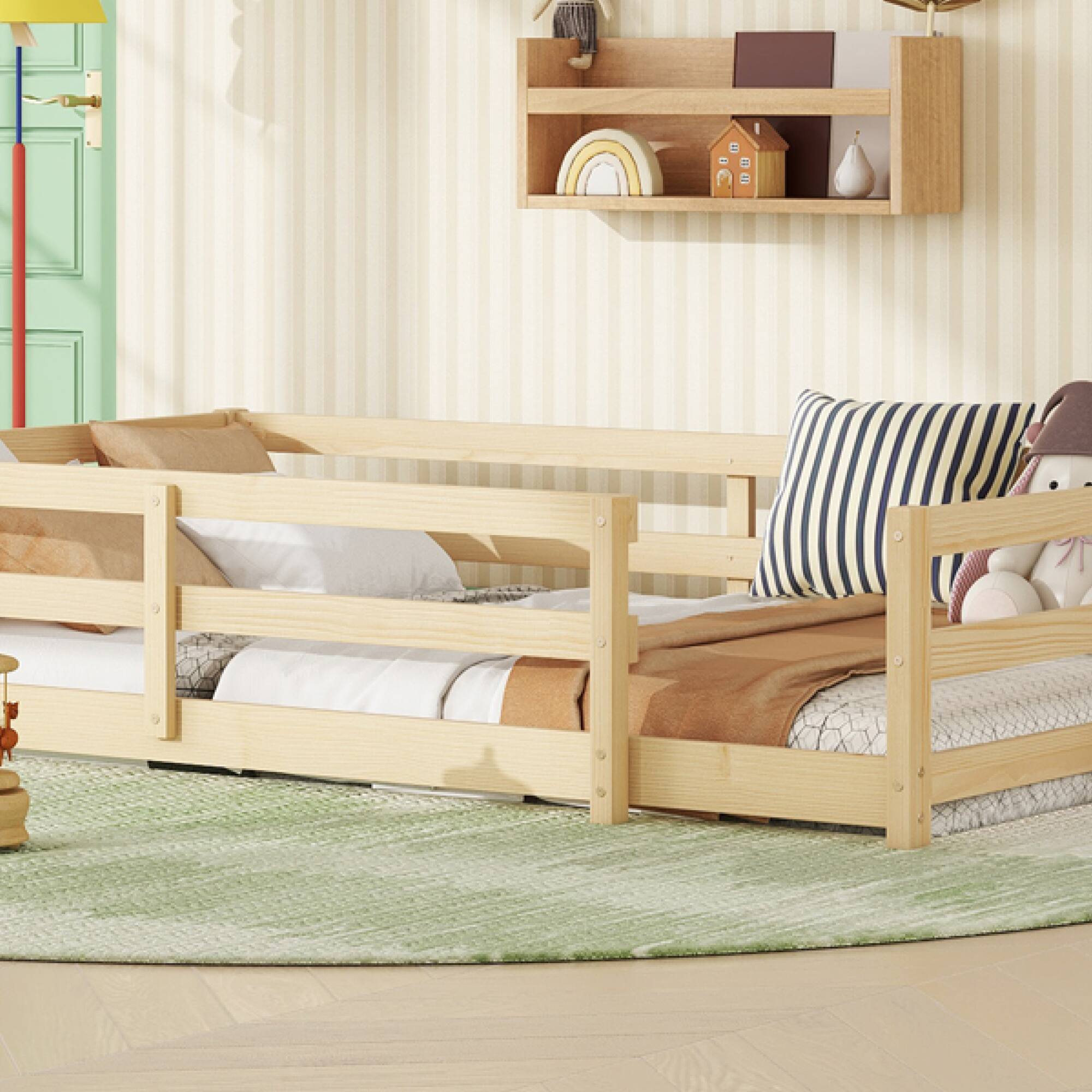 Alt View 2. GOODSILO - Twin Size Floor Bed for Kids with Safety Fence, Sturdy Wooden Montessori Style Bed Frame for Boys and Girls - Oak.