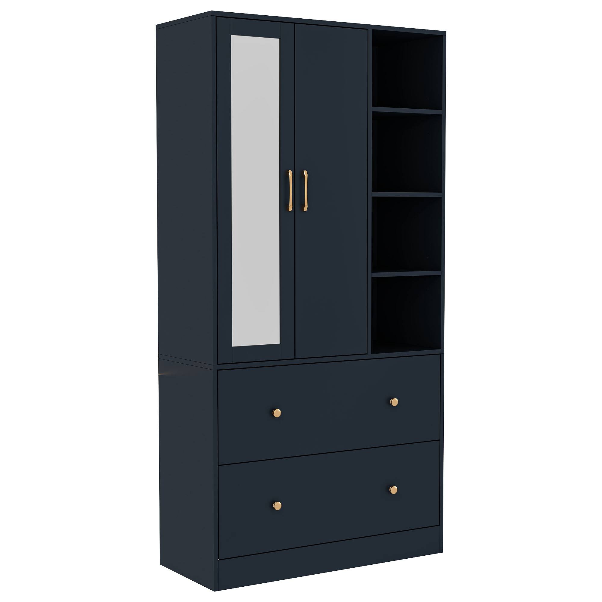 Alt View 10. FUFU&GAGA - Small Wardrobe with Mirror for Bedroom Compact Closet with Hanging Rod, Drawer & Open Shelf Space-Saving Storage Cabinet - Dark Blue.