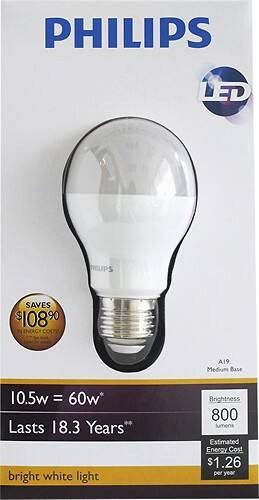 Front Standard. Philips - 800-Lumen, 10.5-Watt A19 LED Light Bulb, 60-Watt Equivalent - White.