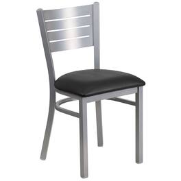 Emma + Oliver - Silver Slat Back Metal Restaurant Dining Chair - Black Vinyl Seat/Silver Frame