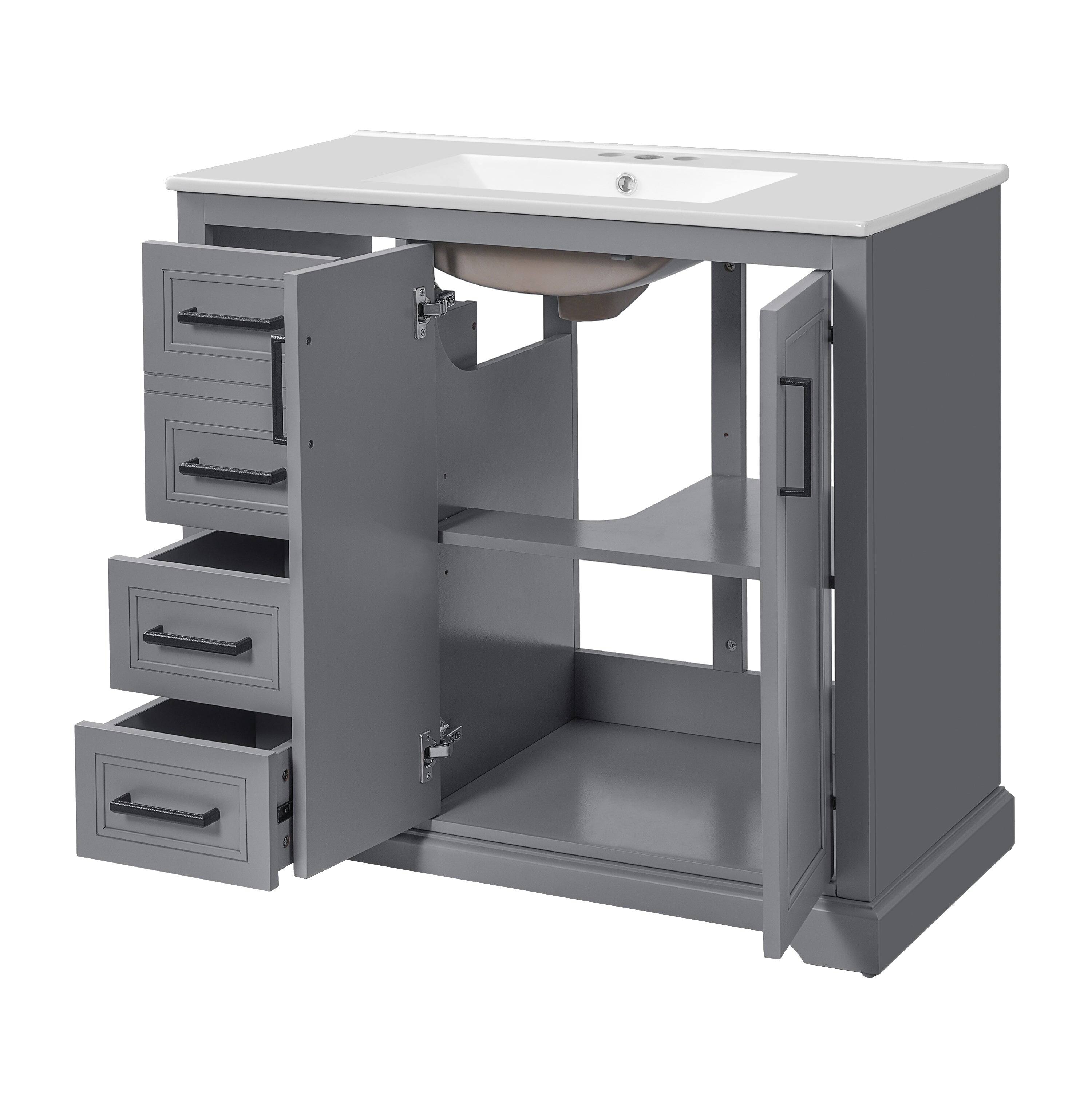 Back. Boyel Living - 36 Inch Grey Modern Bathroom Vanity with Ceramic Sink Soft Close Doors 3 Drawers Adjustable Shelf Solid Wood and MDF - Black.