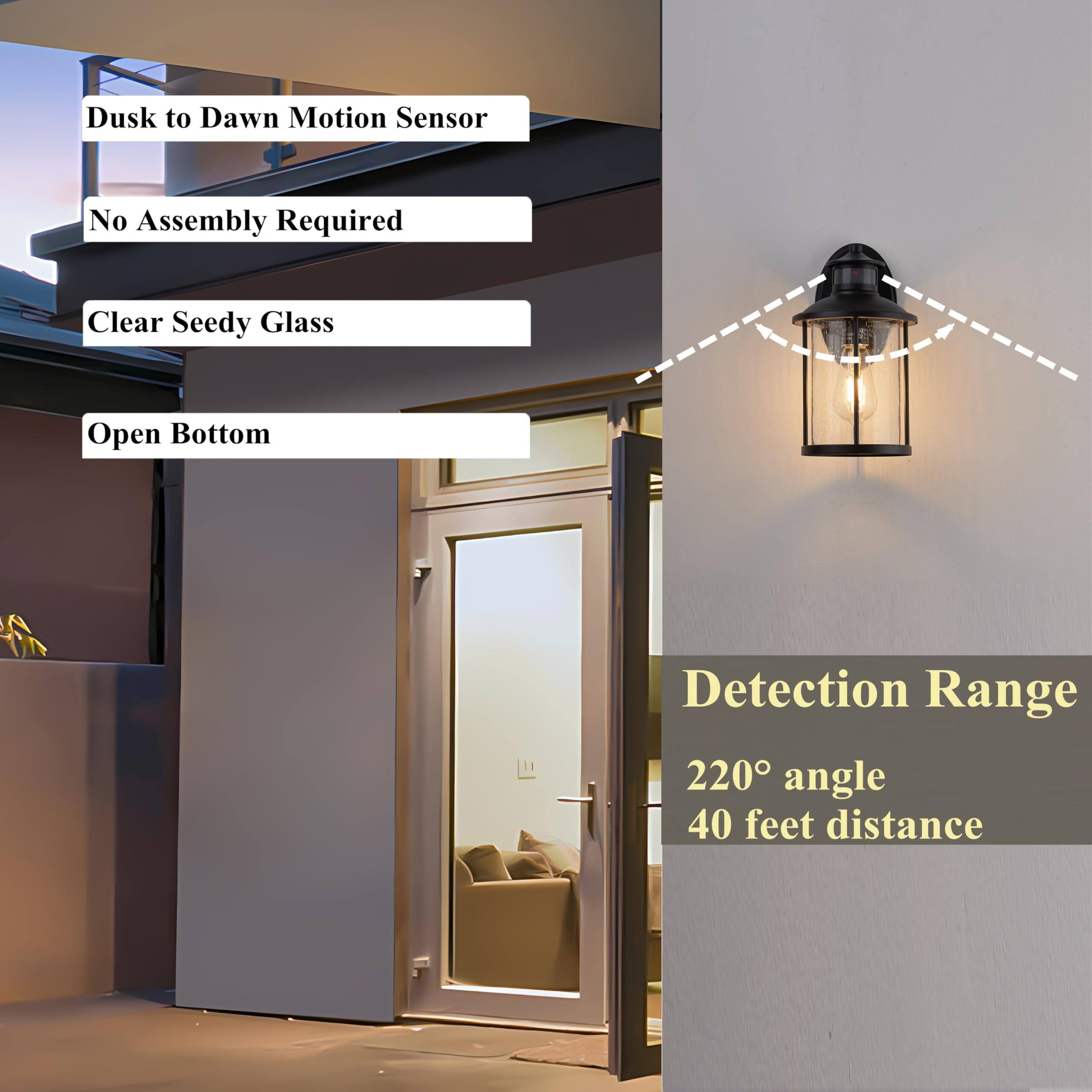 - Dusk to Dawn Motion Sensor
- No Assembly Required
- Clear Seedy Glass
- Open Bottom

Detection Range
- 220° angle
- 40 feet distance