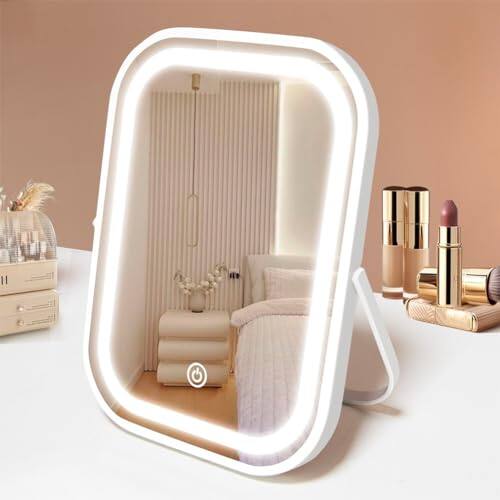 Cedar Assembly - Mirror Lighted Rechargeable Portable Vanity Makeup Multi-Color Dimmable for Desk Premium Quality - White-10"L x 8"W