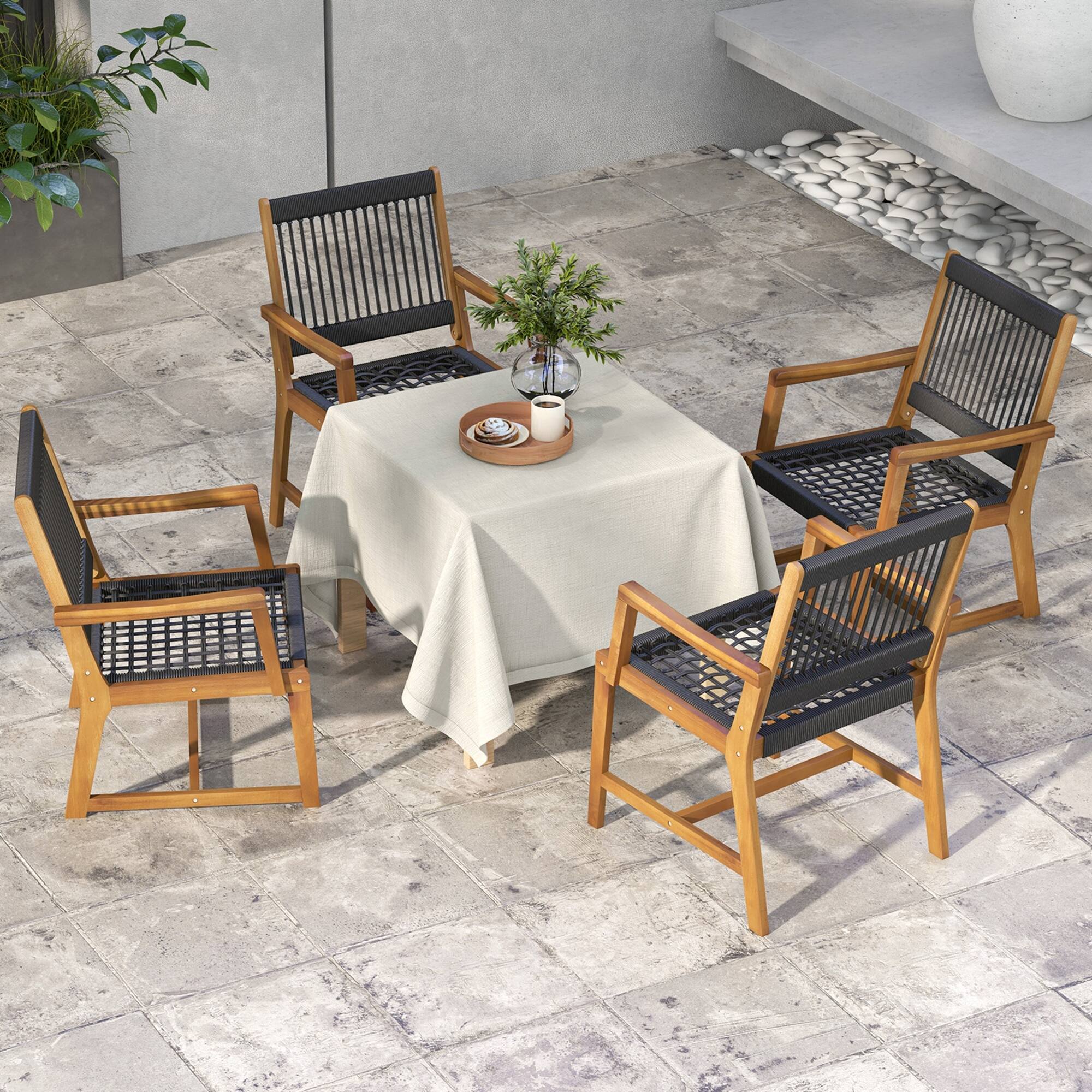 Alt View 4. Costway - Costway Patio 2pcs Acacia Wood Dining Chairs All-Weather Rope Woven Armchairs Outdoor - Black,Natural.