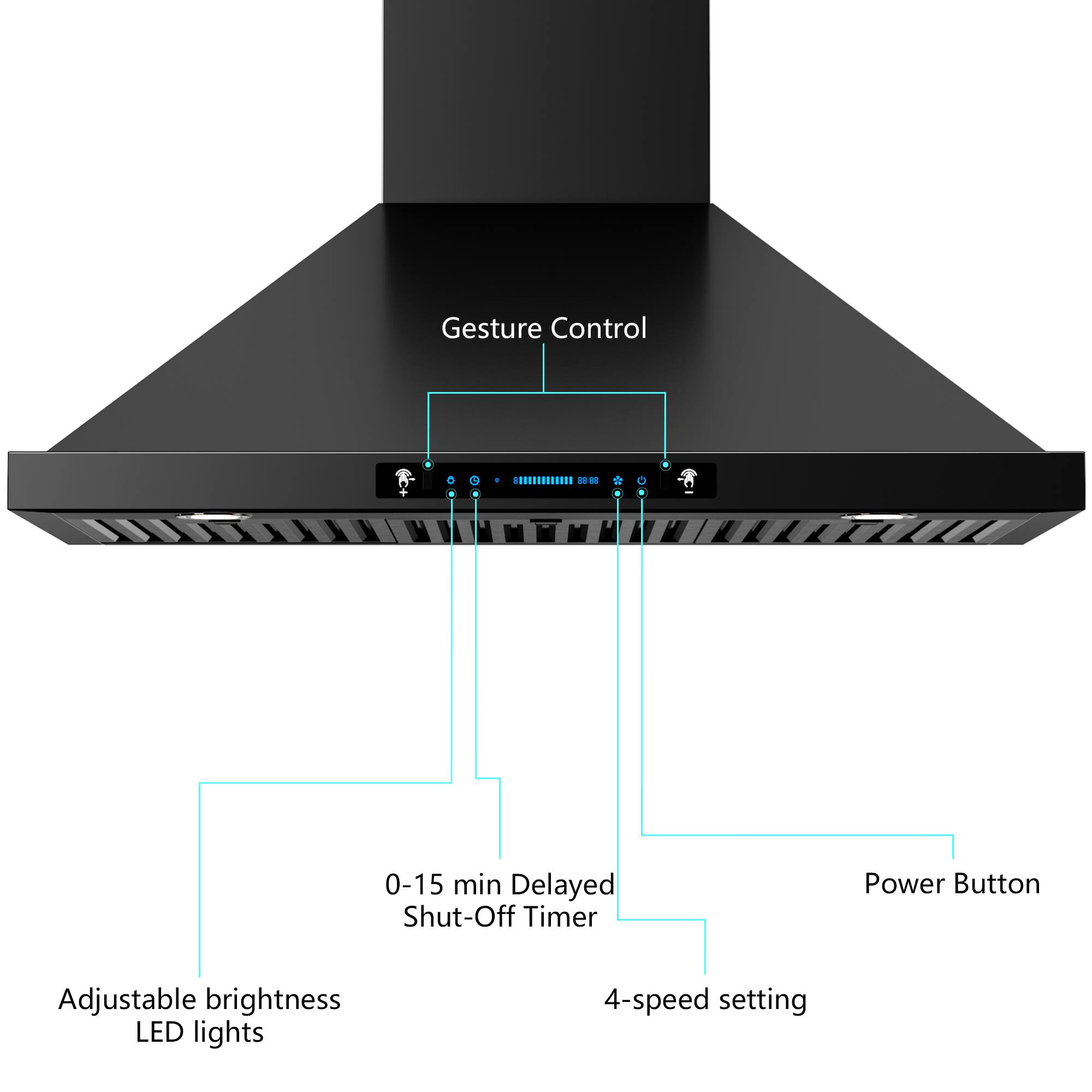 Gesture Control  
- 0-15 min Delayed Shut-Off Timer  
- Power Button  
- Adjustable brightness LED lights  
- 4-speed setting
