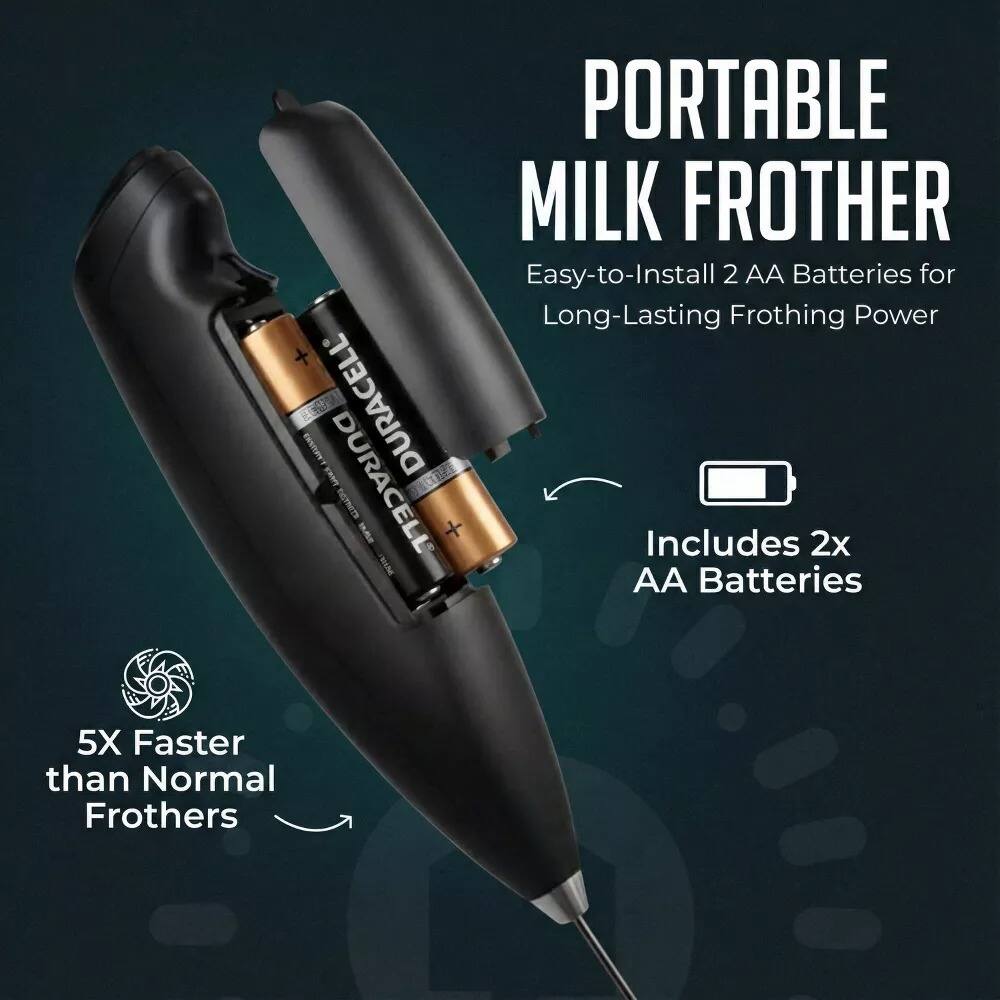 PORTABLE MILK FROTHER  
Easy-to-Install 2 AA Batteries for Long-Lasting Frothing Power  
Includes 2x AA Batteries  
5X Faster than Normal Frothers