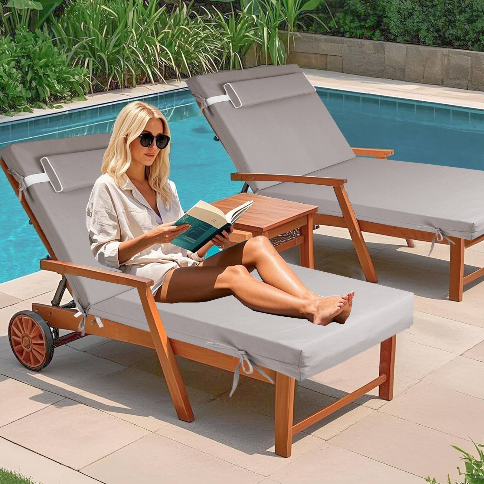 Alt View 6. Chateau Abodes - 2PCS Outdoor Chaise Lounge Cushion, Waterproof Patio Chaise Lounge Cushion with Ties, 72" L X 21" W X 3" D - Khaki.