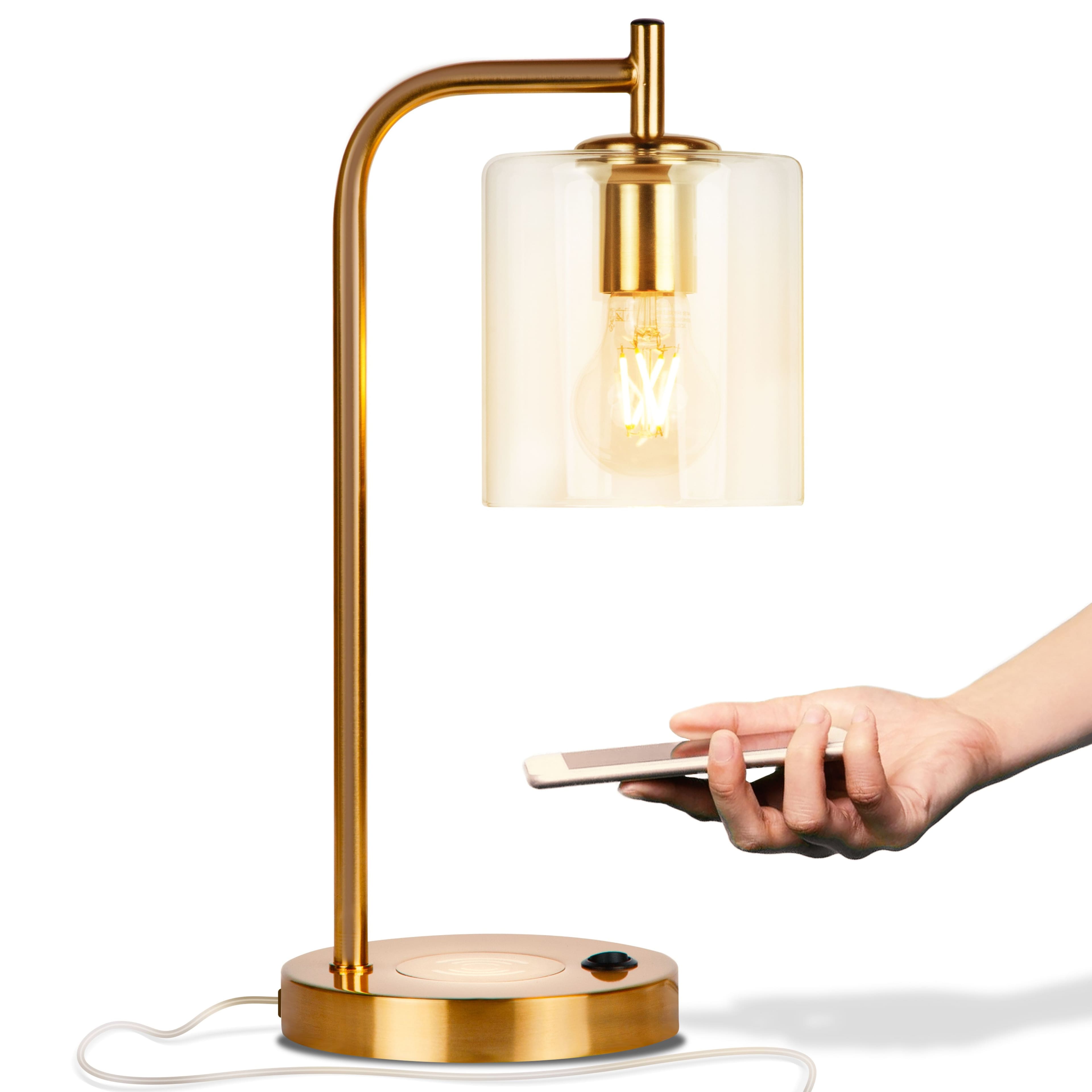 Brightech - Elizabeth LED Modern Industrial Arc Bedside Nightstand Desk Lamp with USB and Wireless Charging Ports - Antiqued Brass