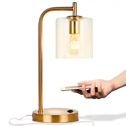 Front. Brightech - Elizabeth LED Modern Industrial Arc Bedside Nightstand Desk Lamp with USB and Wireless Charging Ports - Antiqued Brass.