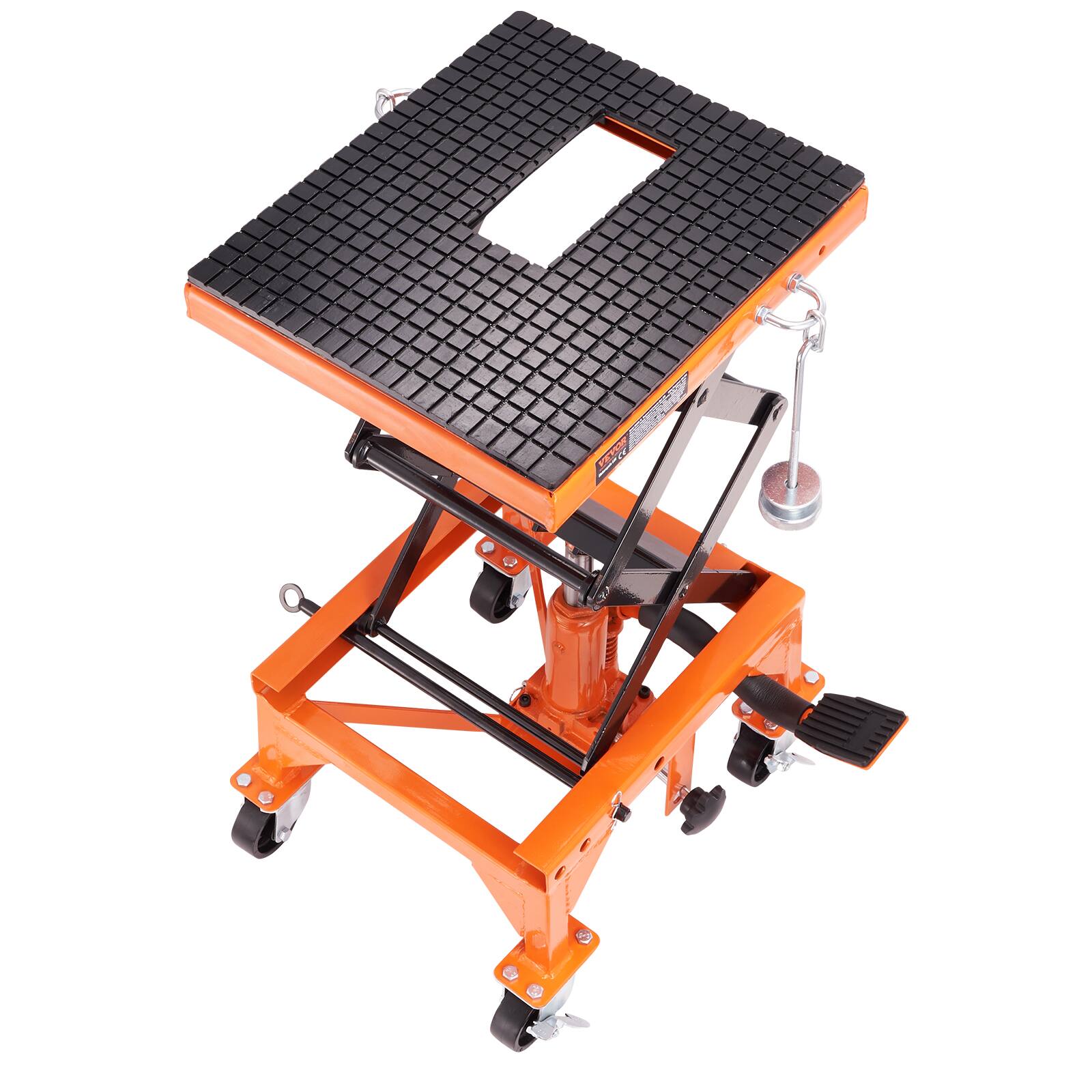 Alt View 5. VEVOR - Hydraulic Motorcycle Lift Table, 350 LBS Capacity Motorcycle Scissor Jack Lift with Wide Deck, J-hooks, 4 Wheels - Black;Orange.
