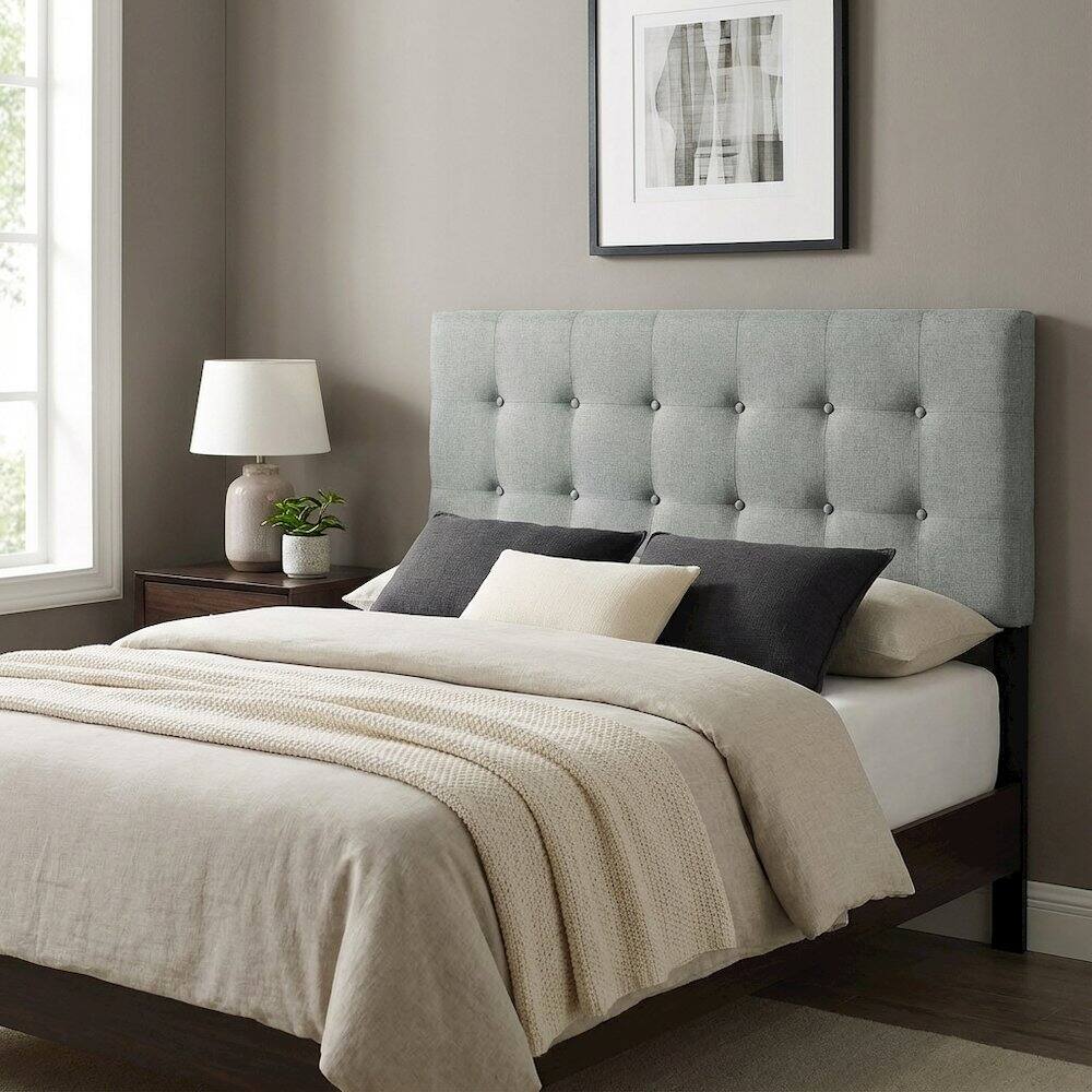 Left. FurniFact - Upholstered Fabric King Headboard with Elegant Design and Sturdy Frame - Gray.