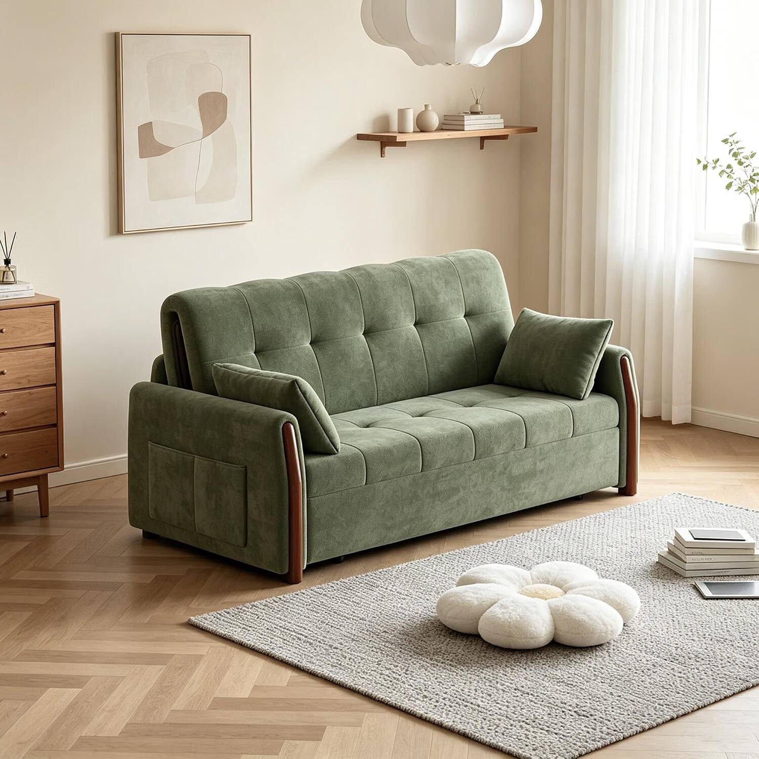 Left. luck idea - Pull‑Out Sofa Bed, 63‑inch Green Convertible Sleeper Sofa with Storage, Side Pockets & 2 Pillows for Living Room - green.