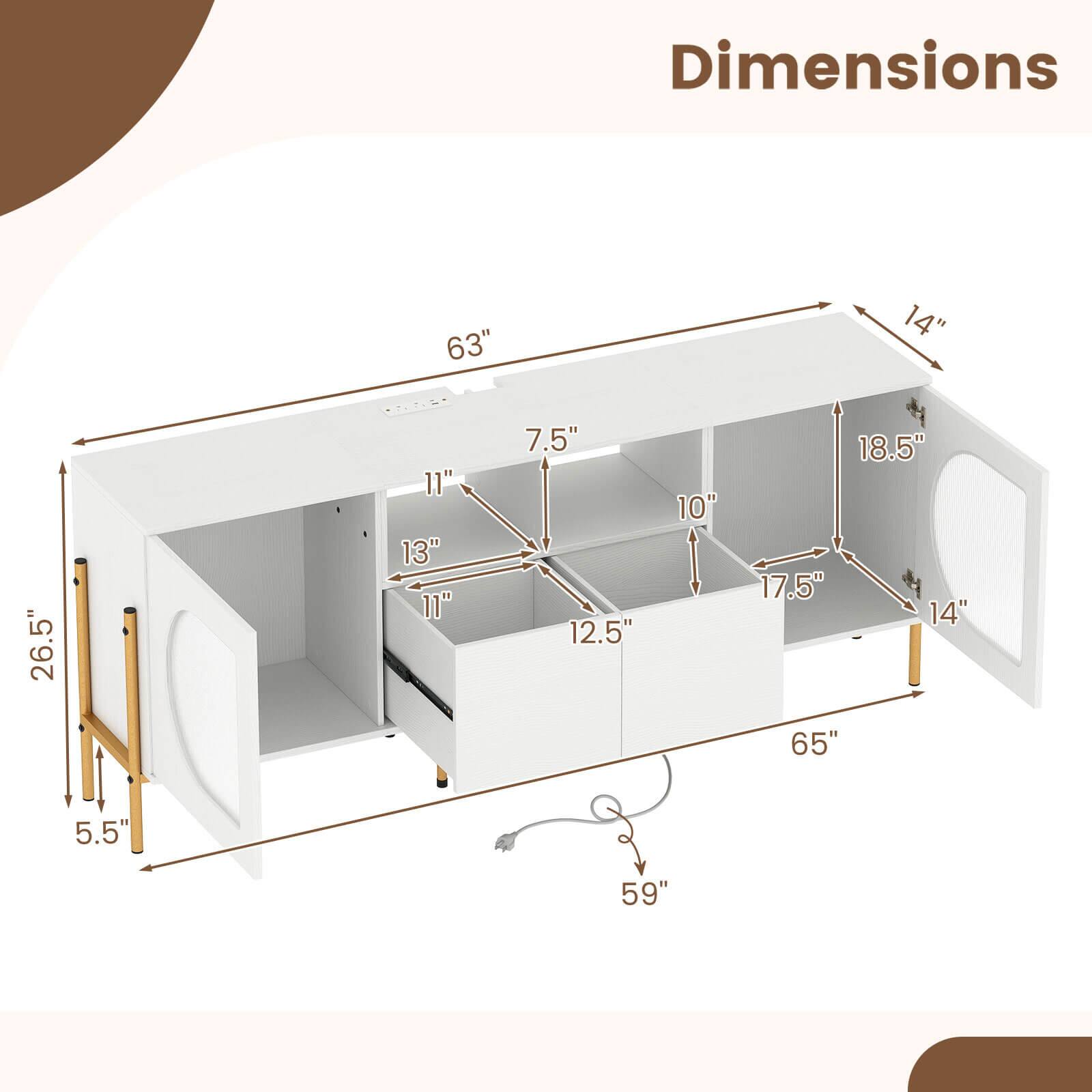 Dimensions:  
- 63"  
- 14"  
- 26.5"  
- 11"  
- 13"  
- 11"  
- 7.5"  
- 12.5"  
- 10"  
- 18.5"  
- 17.5"  
- 14"  
- 65"  
- 5.5"  
- 59"