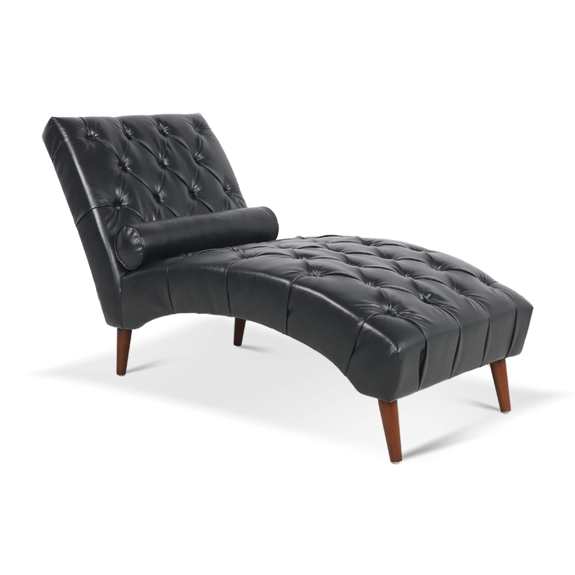 Boyel Living - Mid-Century Modern Faux Leather Tufted Chaise Lounge with Pillow - Black