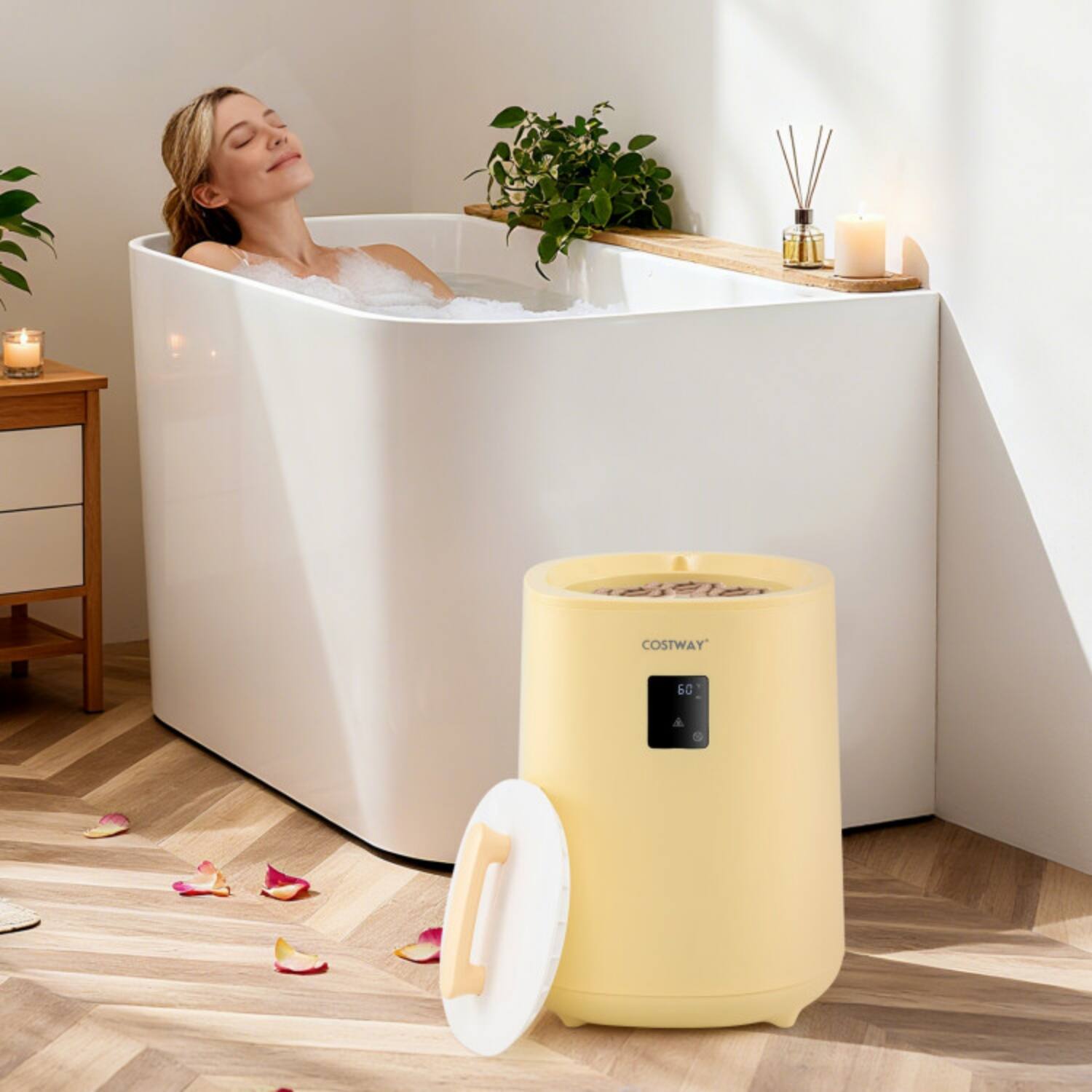 Angle. LUCKY ONE - 18L Freestanding Towel Warmer with LED Display and Auto Shut-Off - Yellow.