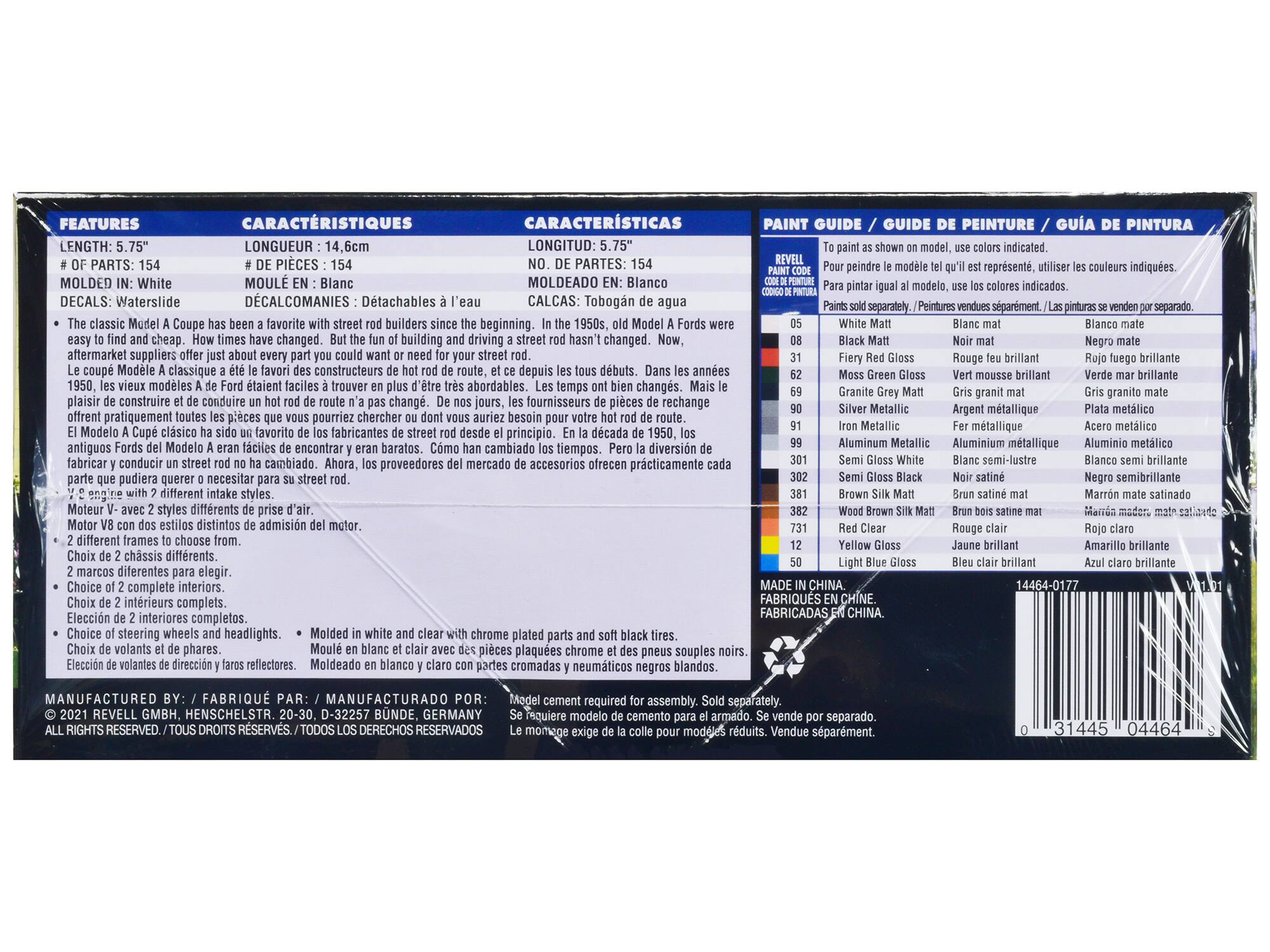 **FEATURES / CARACTERÍSTICAS / CARACTERÍSTICAS**

- **LENGTH:** 5.75" / **LONGUEUR:** 14.6cm / **LONGITUD:** 5.75"
- **# OF PARTS:** 154 / **# DE PIECES:** 154 / **NO. DE PARTES:** 154
- **MOLDED IN:** White / **MOULÉ EN:** Blanc / **MOLDEADO EN:** Blanco
- **DECALS:** Waterslide / **DECALCOMANIES:** Détachables / **DECALCAS:** Tobogán de agua
- **PAINT CODE:** Pour peindre le modèle tel qu'il est représenté, utilisez les couleurs indiquées. / Para pintar el modelo tal como se muestra en el modelo, use los colores indicados. / Para pintar el modelo tal como se muestra en el modelo, use los colores indicados.
- **Motor V8 avec 2 styles différents de prise d'air.** / **Motor V8 con dos estilos distintos de admisión del motor.** / **Motor V8 con dos est