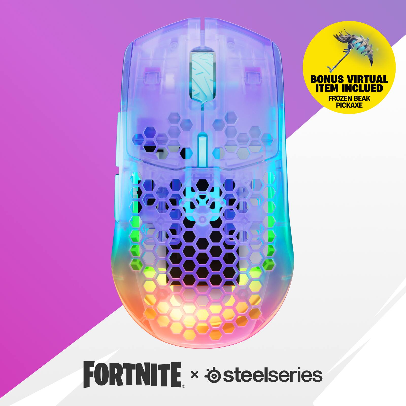 BONUS VIRTUAL ITEM INCLUDED: FROZEN BEAK PICKAXE  
FORTNITE x steelseries