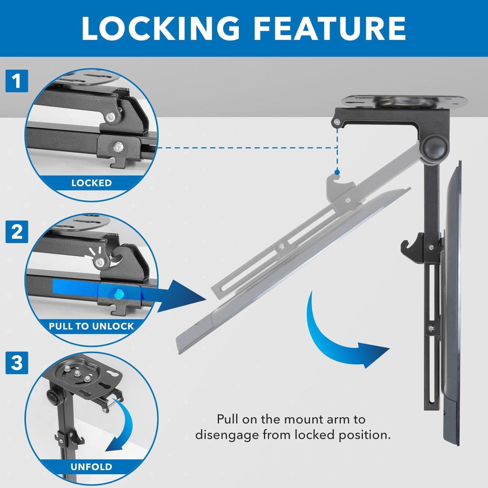 LOCKING FEATURE

1. LOCKED

2. PULL TO UNLOCK

3. UNFOLD

Pull on the mount arm to disengage from locked position.