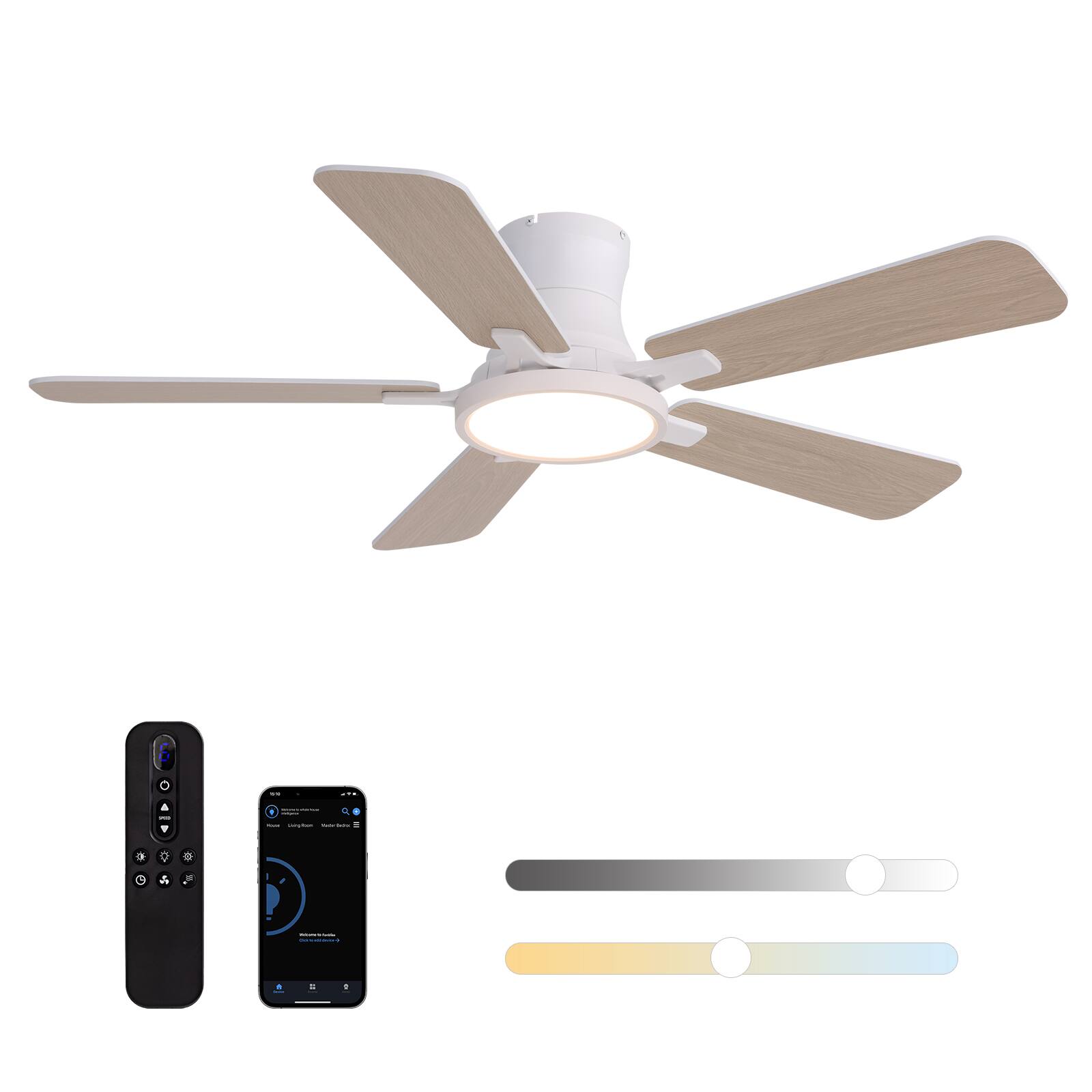 Angle. Siljoy - 44 Inch Flush Mount Ceiling Fan with Light White Slim Profile 5 Blades Low Profile Fan Light for Bedroom Living Room - White.